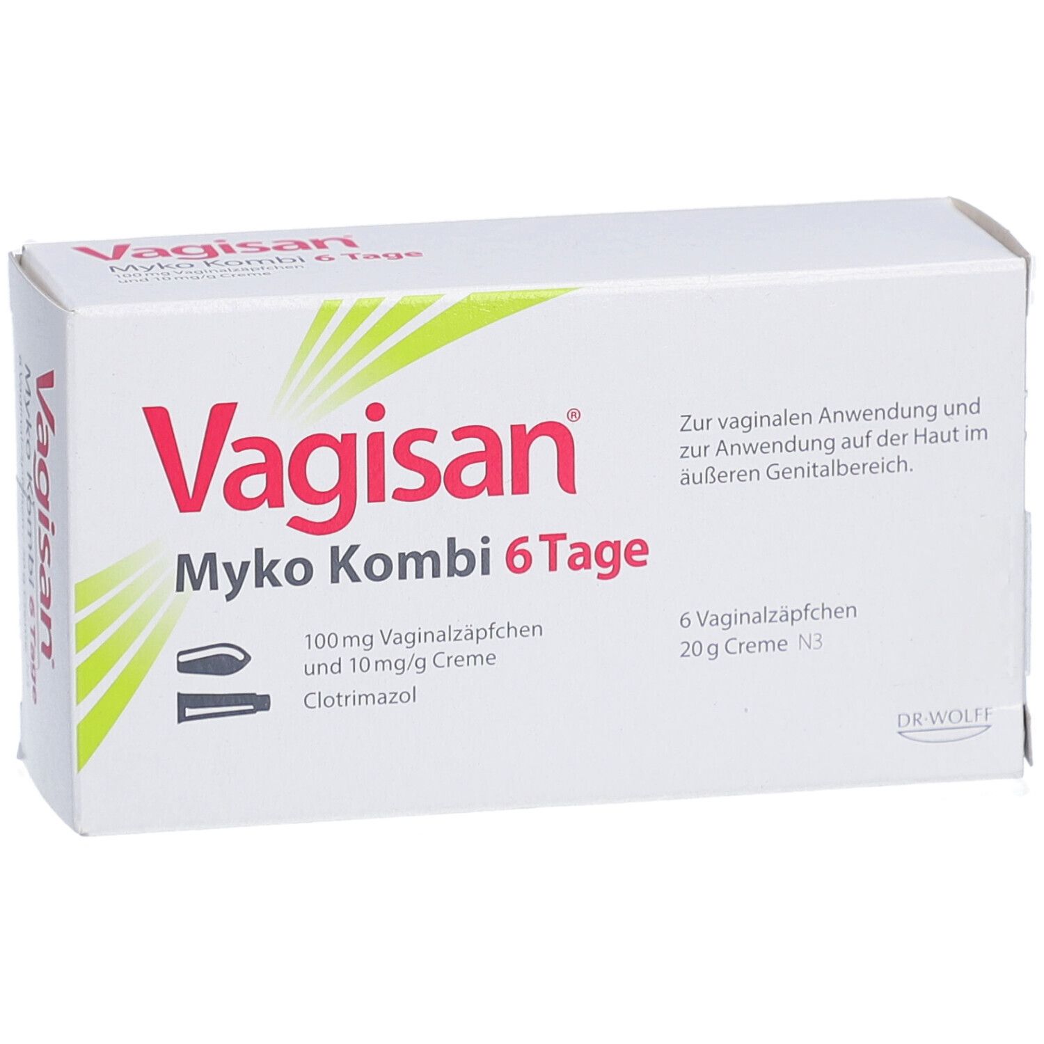 Weiße Schachtel mit roter Schrift. Aufschrift: Vagisan Myko Kombi 6 Tage. Enthält Vaginalzäpfchen und Creme.