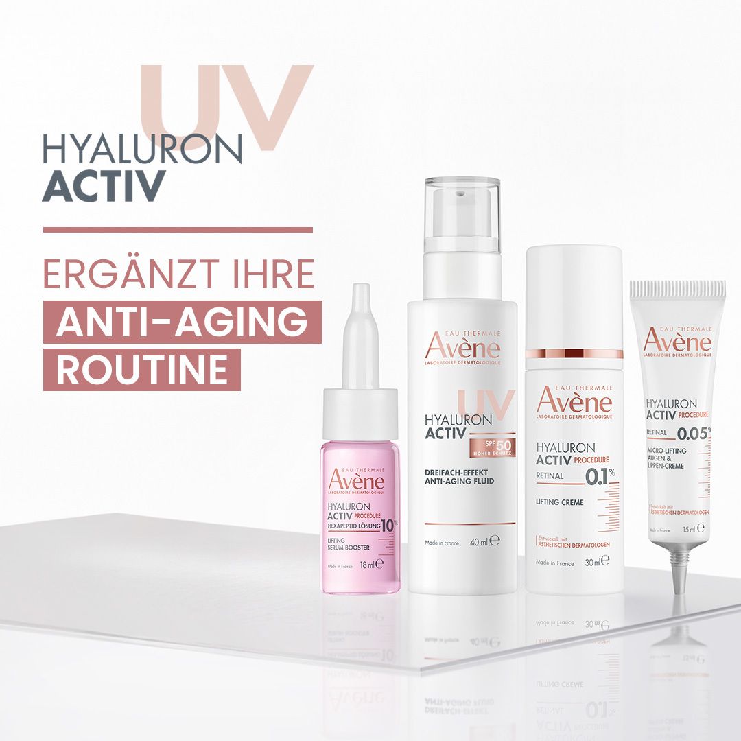 Vier Produkte. Text: ERGÄNZT IHRE ANTI-AGING ROUTINE. Produkte: Avène HYALURON ACTIV, Serum, Creme. Marke: Avène.
