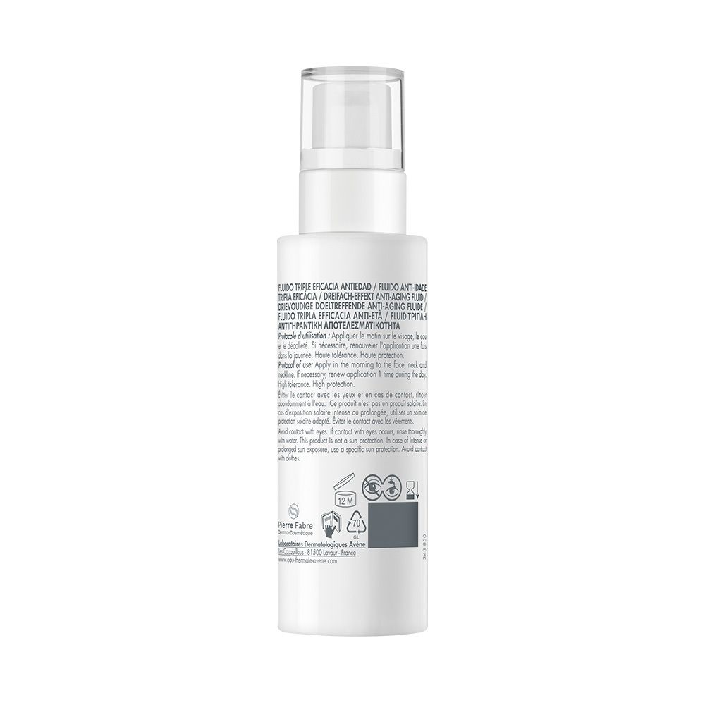 Rückseite der Flasche. Text: FLUIDO TRIPLE EFICACIA ANTIEDAD. Text in mehreren Sprachen. Marke: Avène. Produkt: HYALURON ACTIV.
