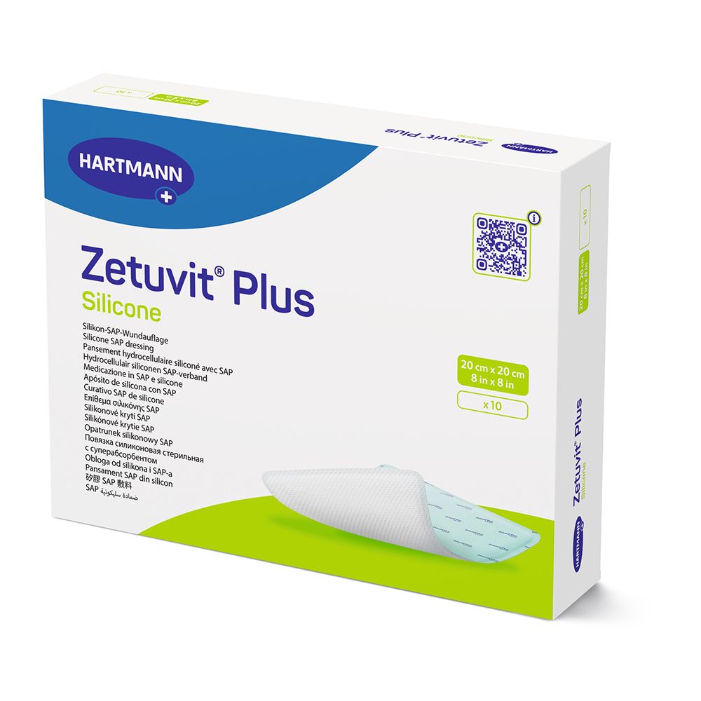 Verpackung Zetuvit® Plus Silicone Wundauflage, 20 x 20 cm, 10 Stück.