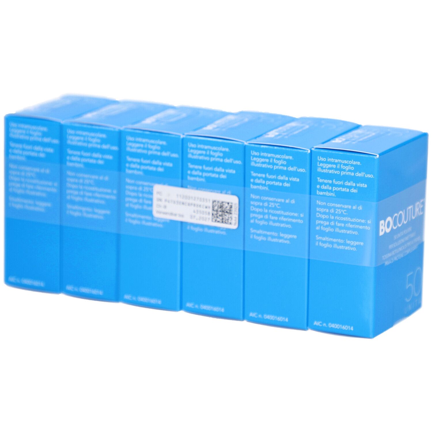 Blaue Kartons, Rückseite mit Text. Aufkleber mit Barcode und Text.