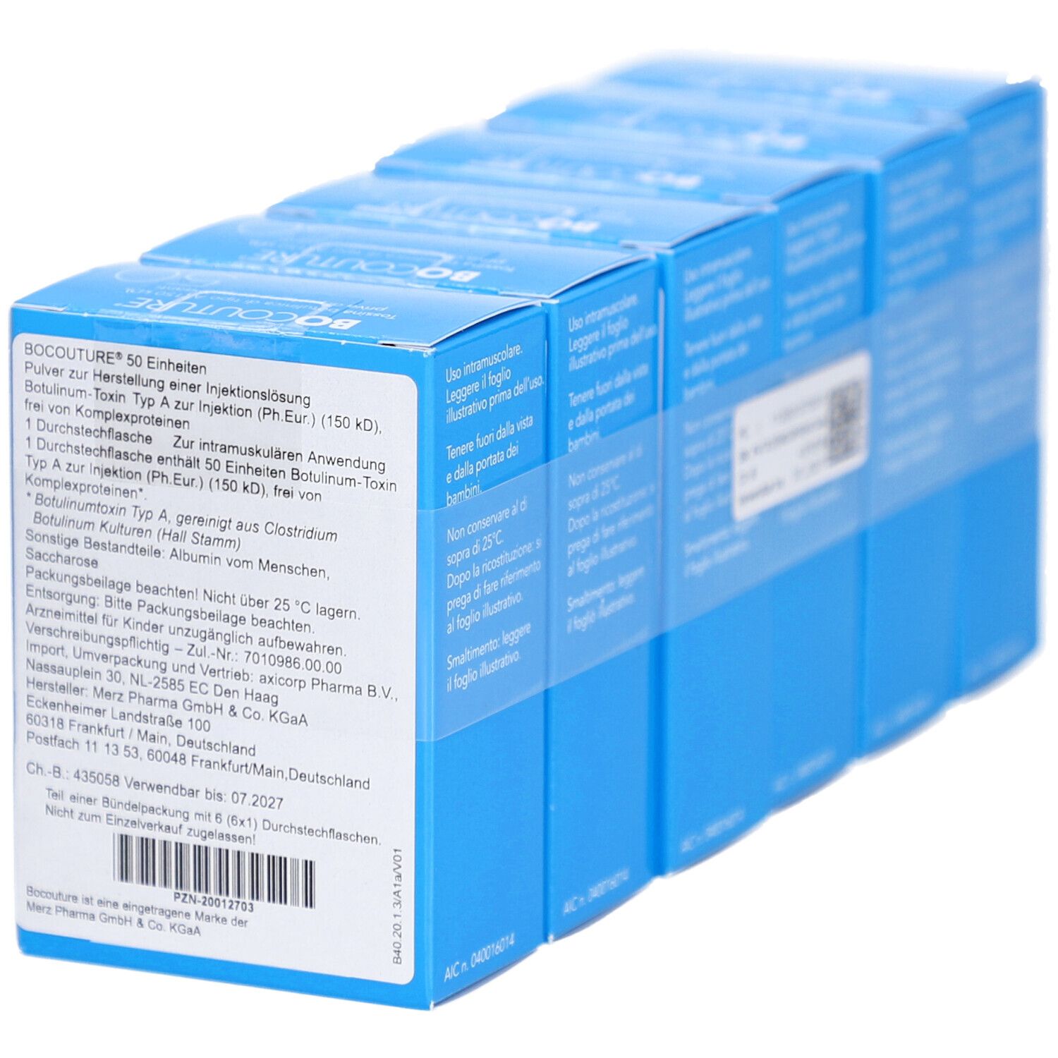 Blaue Kartons mit Text. BOCOUTURE 50 Einheiten. MERZ-Logo sichtbar.