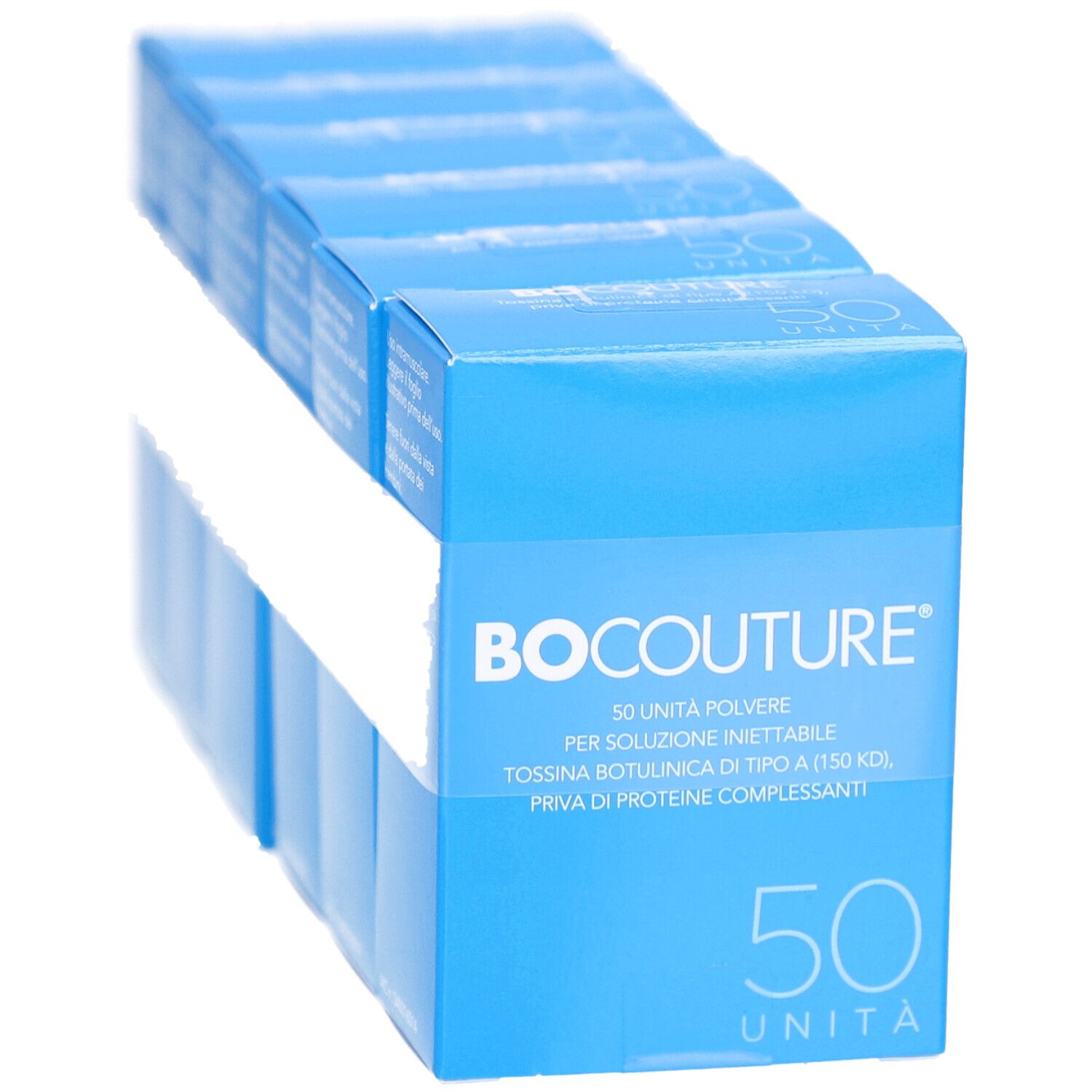 Blaue Kartons mit BOCOUTURE-Aufdruck und 50 UNITA.