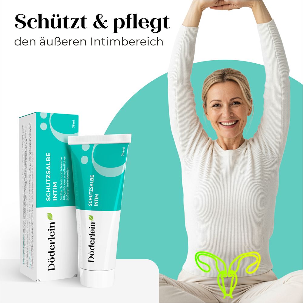 Frau sitzt. Döderlein Schutzsalbe Intim und Verpackung. Text: Schützt & pflegt den äußeren Intimbereich. Türkis-grüner Hintergrund.