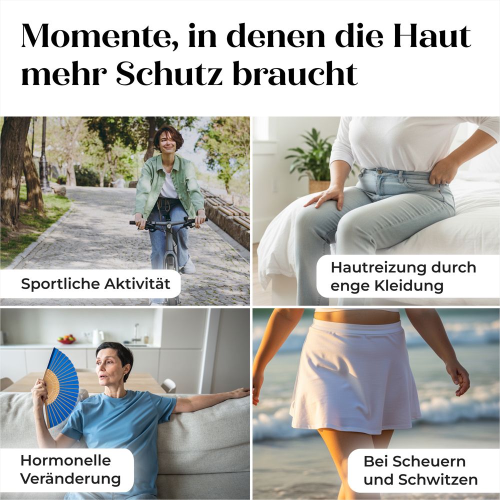 Collage. Sport, enge Kleidung, Hautreizung, hormonelle Veränderung. Text: Momente, in denen die Haut mehr Schutz braucht.