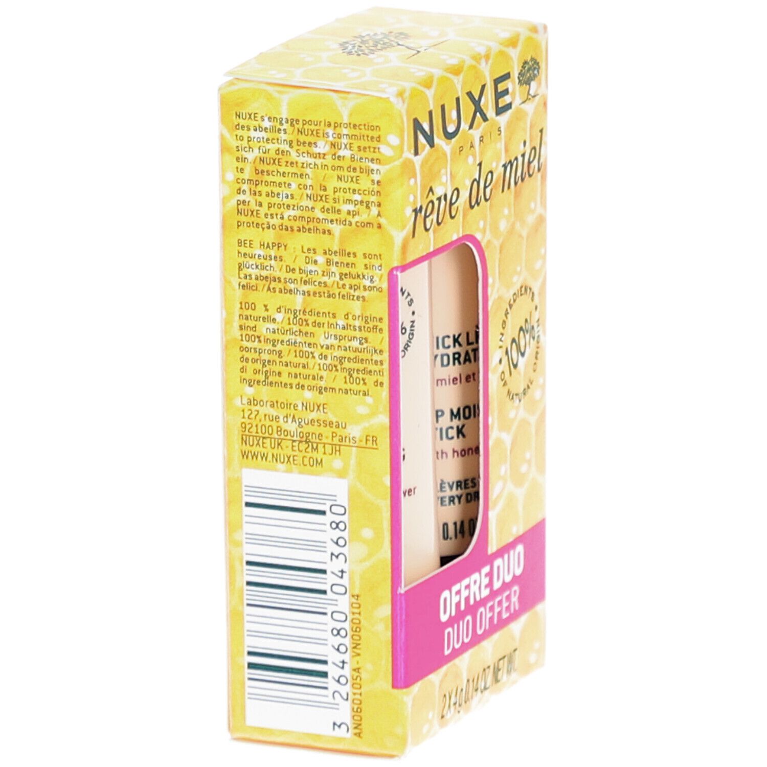Kartonverpackung von NUXE Lippenpflegestiften. Honigwaben-Design. Text: Duo-Angebot, 100% Karton. Rückseite mit Text und Logo.