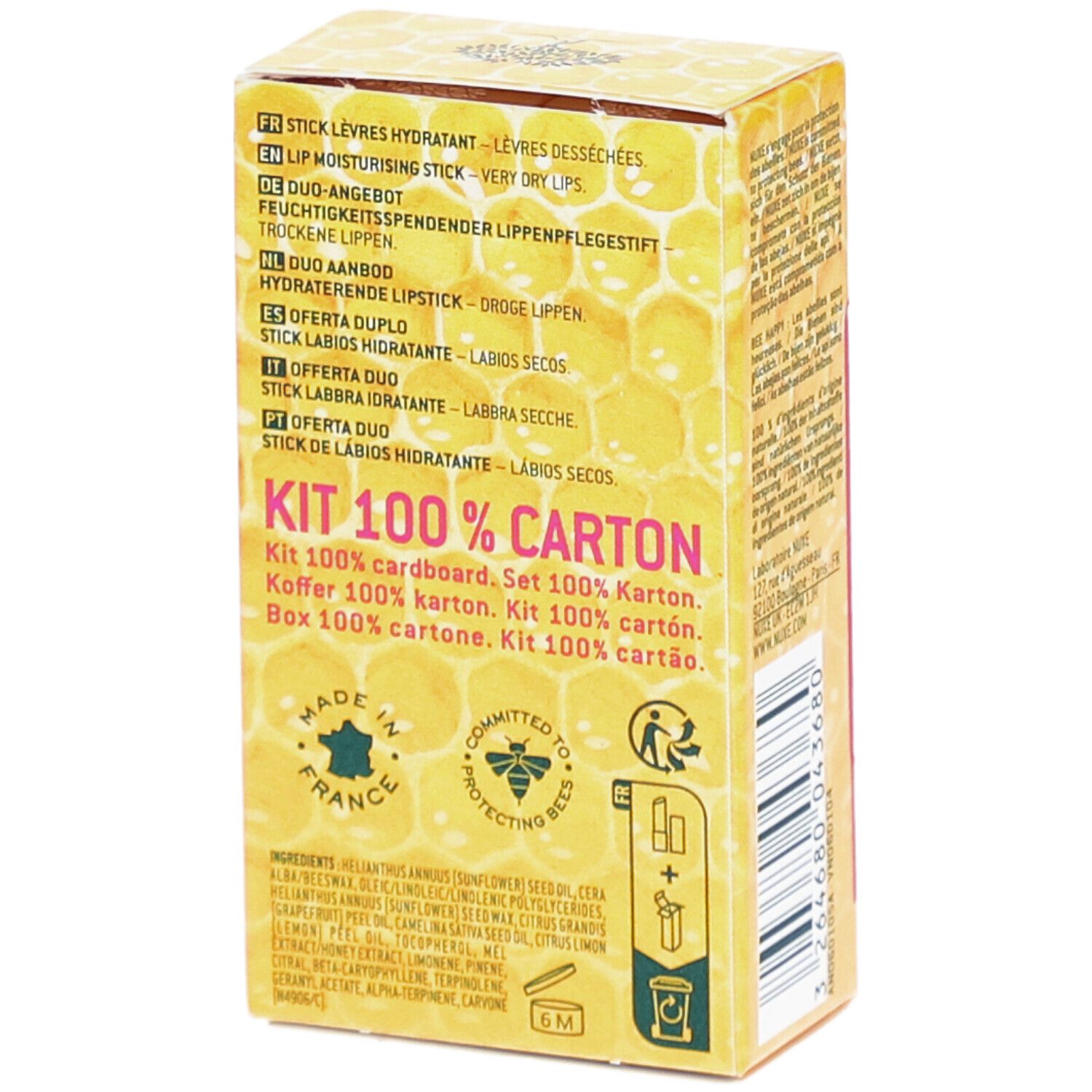 Rückseite der Kartonverpackung von NUXE Lippenpflegestiften. Text in mehreren Sprachen. Logo: Made in France. Kit 100% Carton.