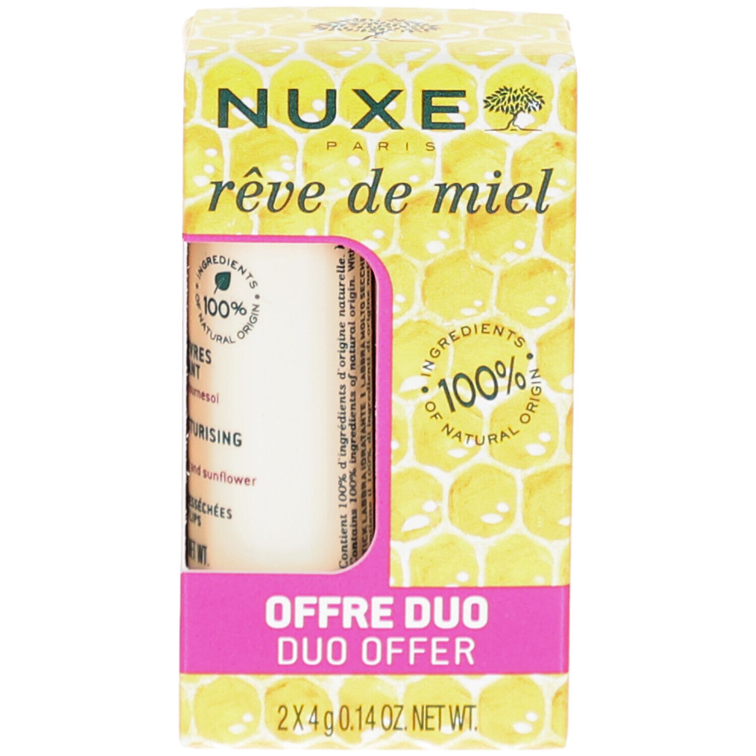 Duo-Angebot von NUXE Lippenpflegestiften. Karton mit Honigwaben-Design. Zwei Stifte sichtbar. Aufschrift: 100% natürliche Inhaltsstoffe.