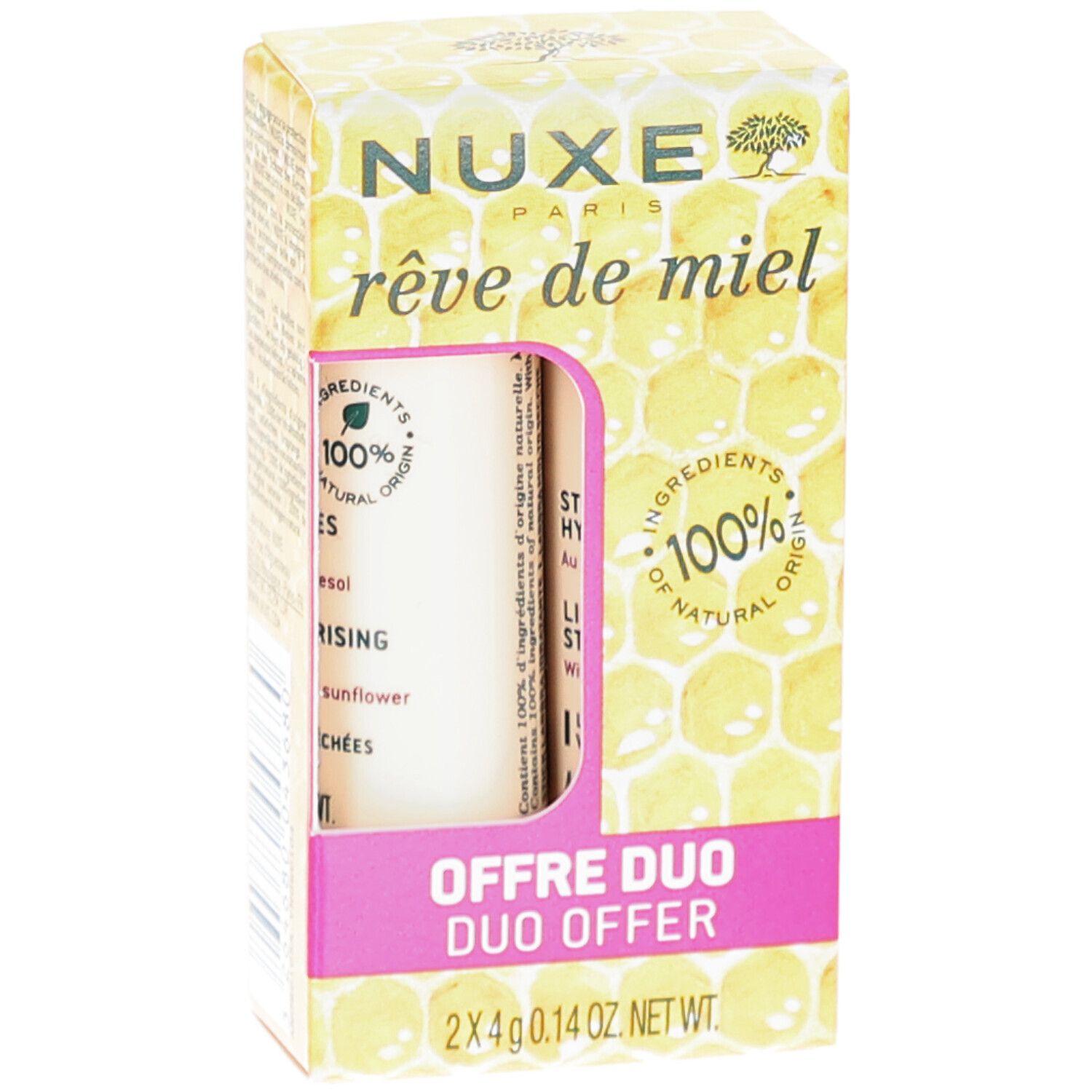 Duo-Angebot von NUXE Lippenpflegestiften. Karton mit Honigwaben-Design. Zwei Stifte sichtbar. Aufschrift: 100% natürliche Inhaltsstoffe.