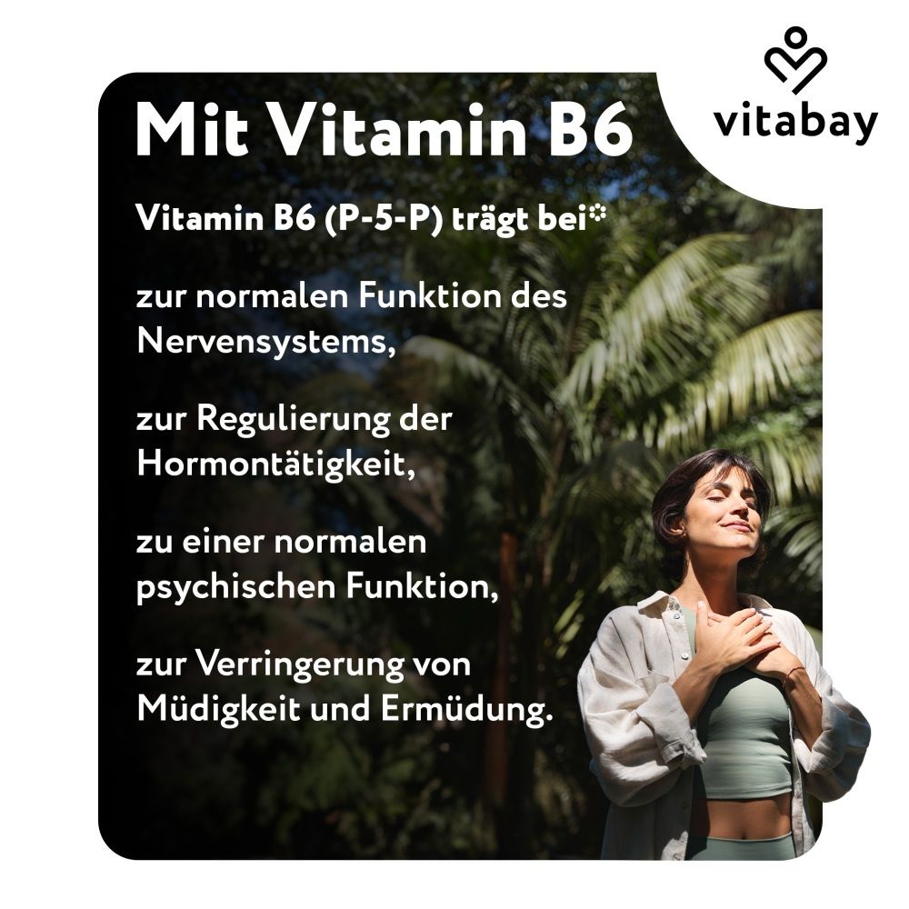 Frau mit geschlossenen Augen, Text über Vitamin B6 und seine Funktionen.