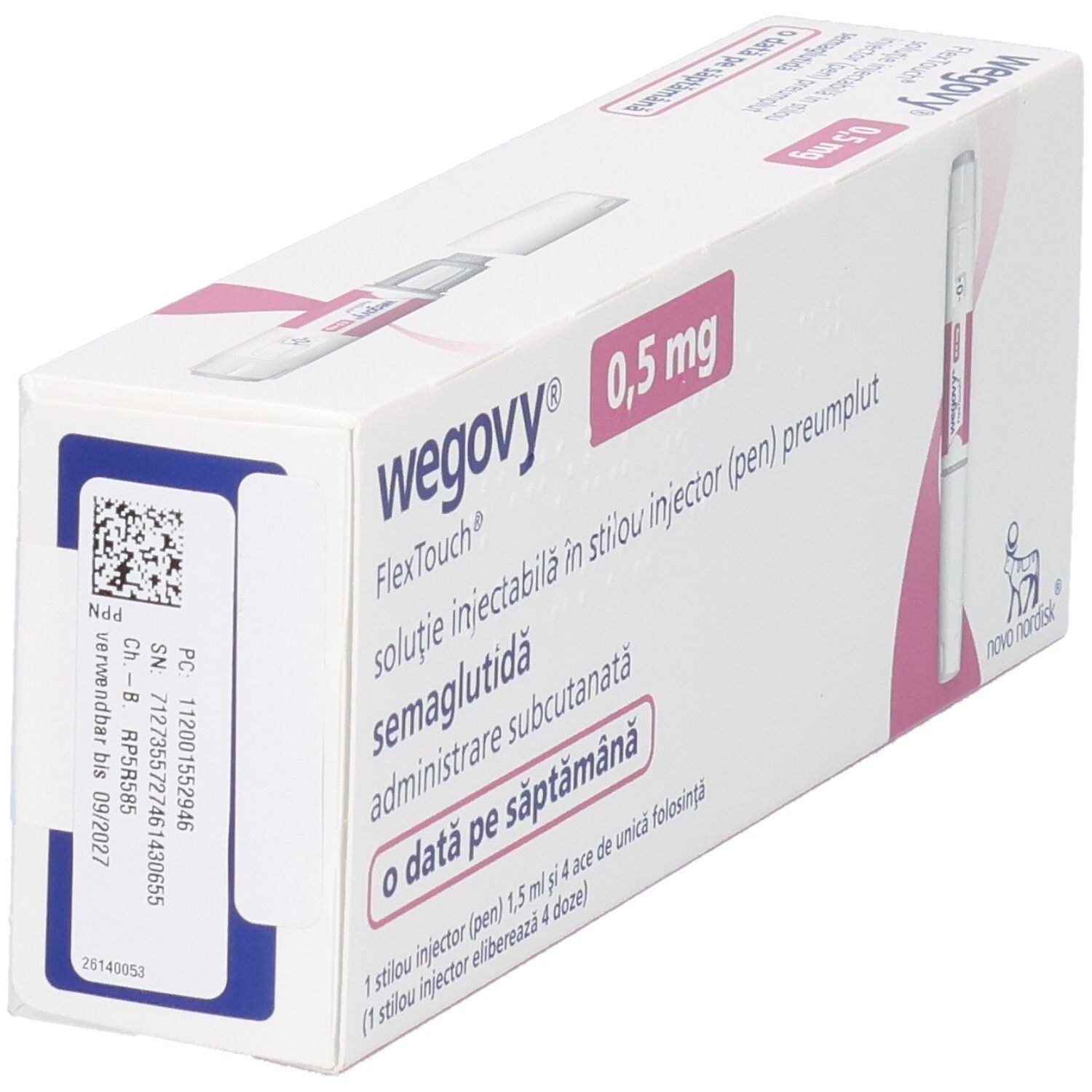 Wegovy 0,5 mg FlexTouch Packung, Seitenansicht mit Barcode und Chargennummer.