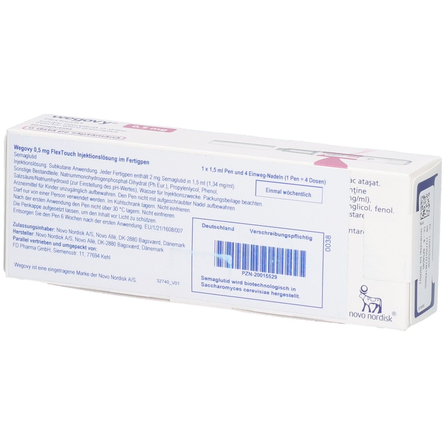 Rückseite der Wegovy 0,5 mg FlexTouch Packung mit Anwendungshinweisen und Herstellerangaben.