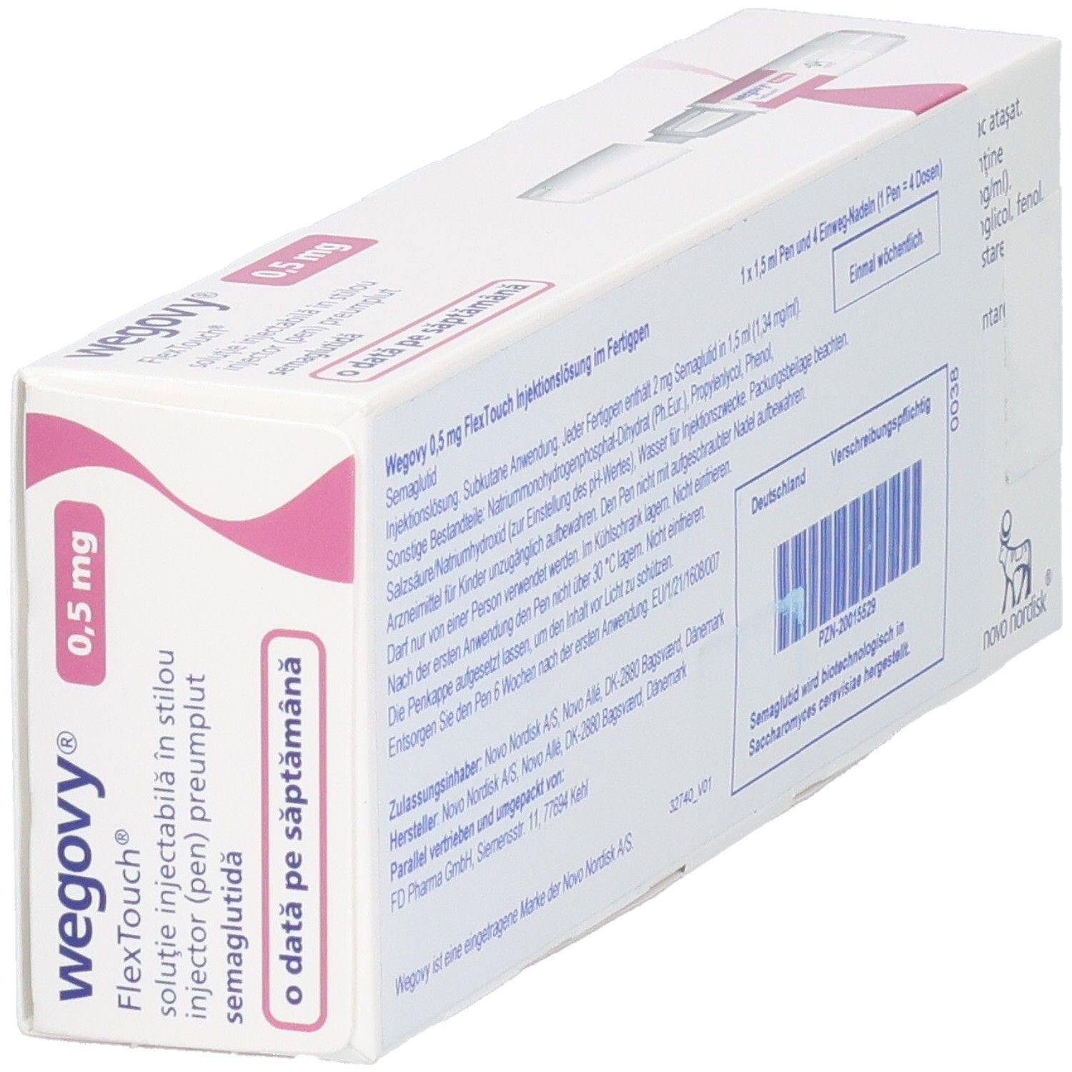 Wegovy 0,5 mg FlexTouch Packung, schräge Ansicht mit Fokus auf Produktinformationen.