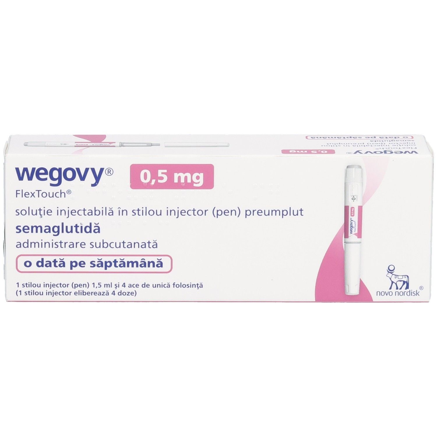Wegovy 0,5 mg FlexTouch Fertigpen-Packung mit Abbildung eines Pens.