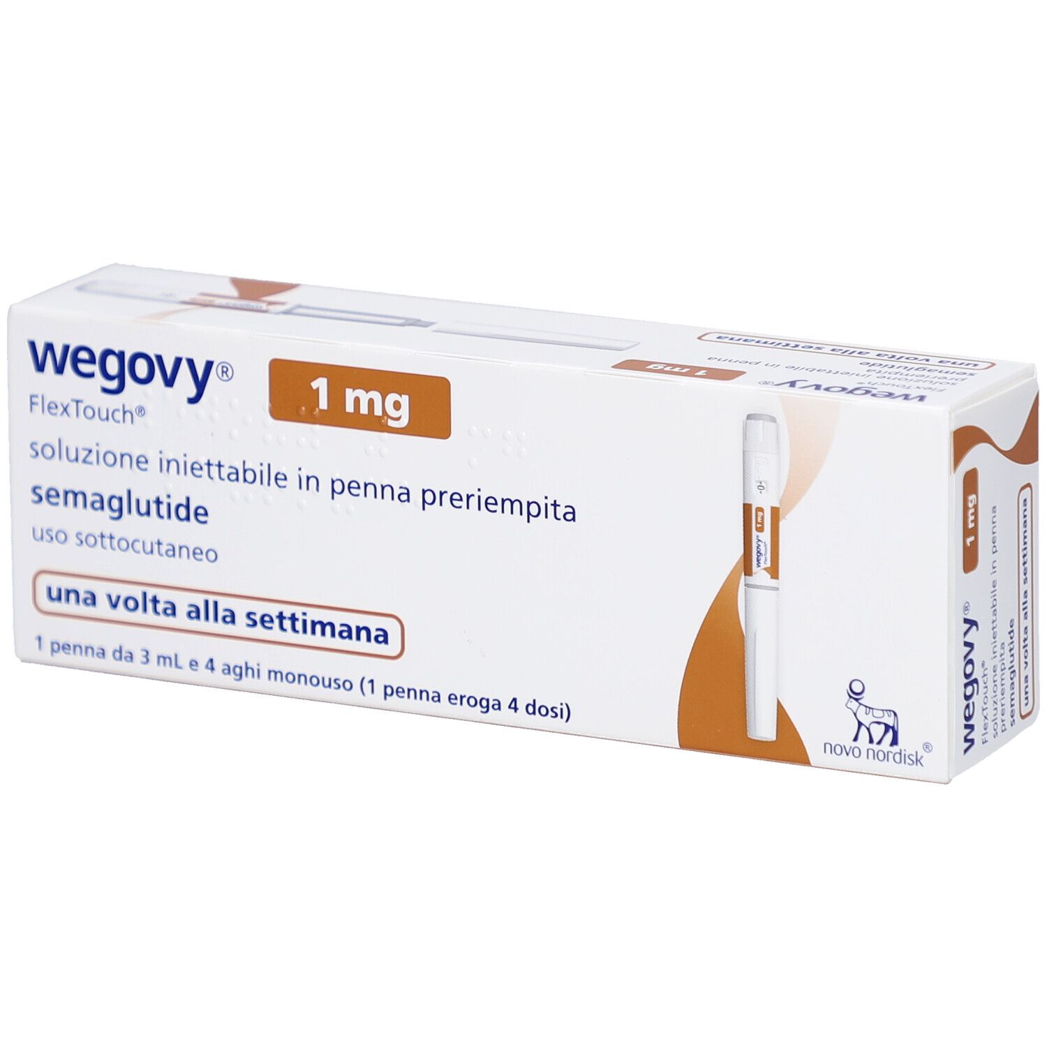 Verpackung von Wegovy 1 mg FlexTouch Injektionslsg.Fertigpen. Enthält eine Fertigpen und Nadeln. Text: una volta alla settimana.
