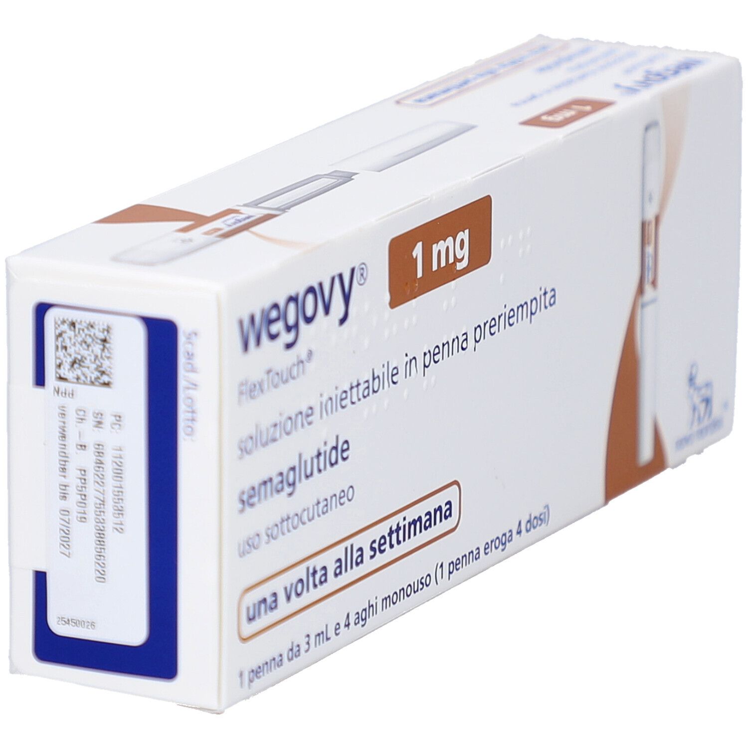 Verpackung von Wegovy 1 mg FlexTouch Injektionslsg.Fertigpen. Enthält eine Fertigpen und Nadeln. Text: una volta alla settimana.
