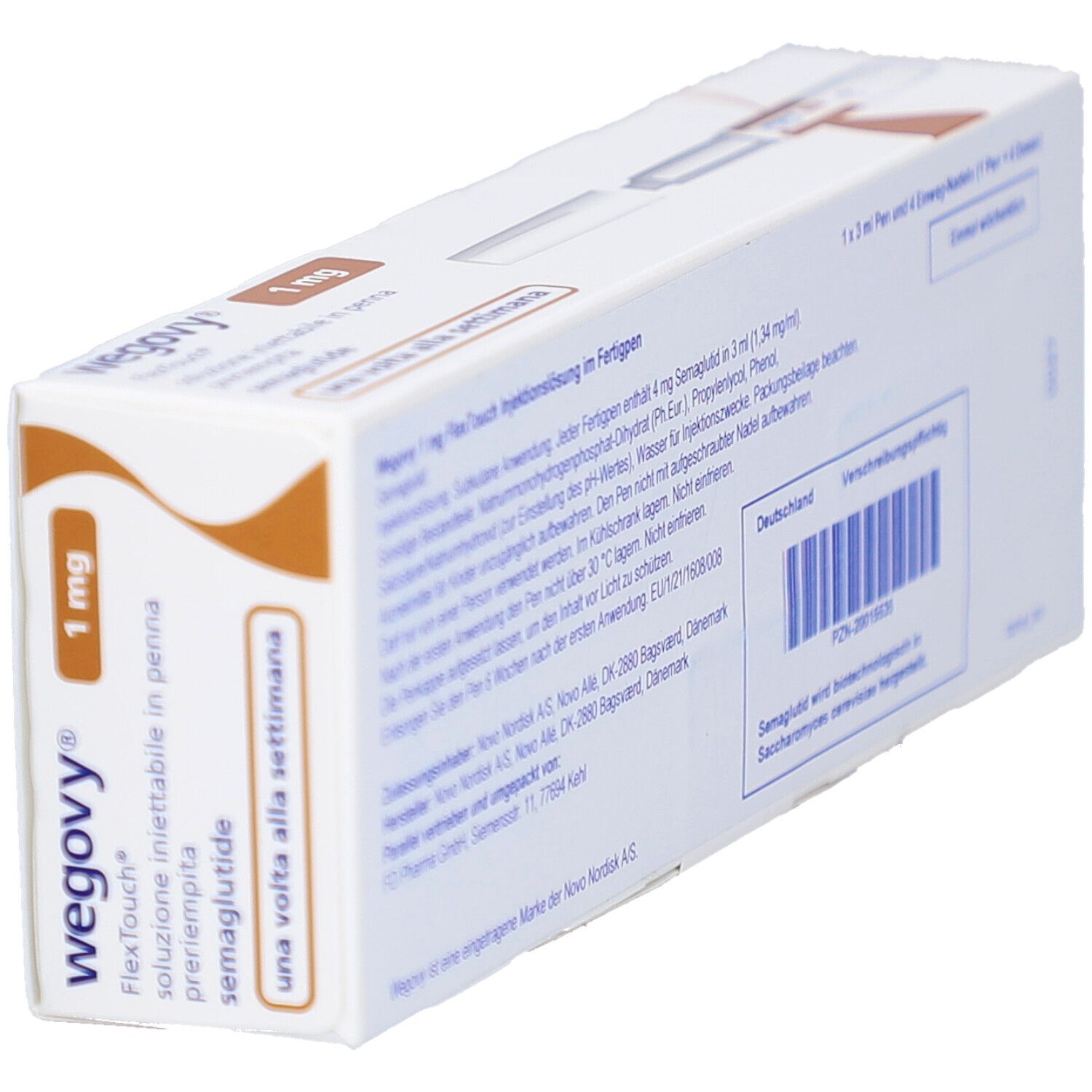 Verpackung von Wegovy 1 mg FlexTouch Injektionslsg.Fertigpen. Enthält eine Fertigpen und Nadeln. Text: una volta alla settimana.