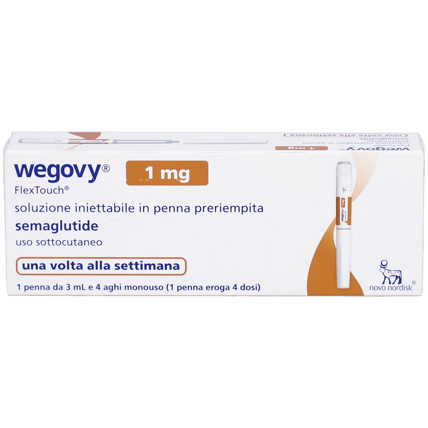 Verpackung von Wegovy 1 mg FlexTouch Injektionslsg.Fertigpen. Enthält eine Fertigpen und Nadeln. Text: una volta alla settimana.