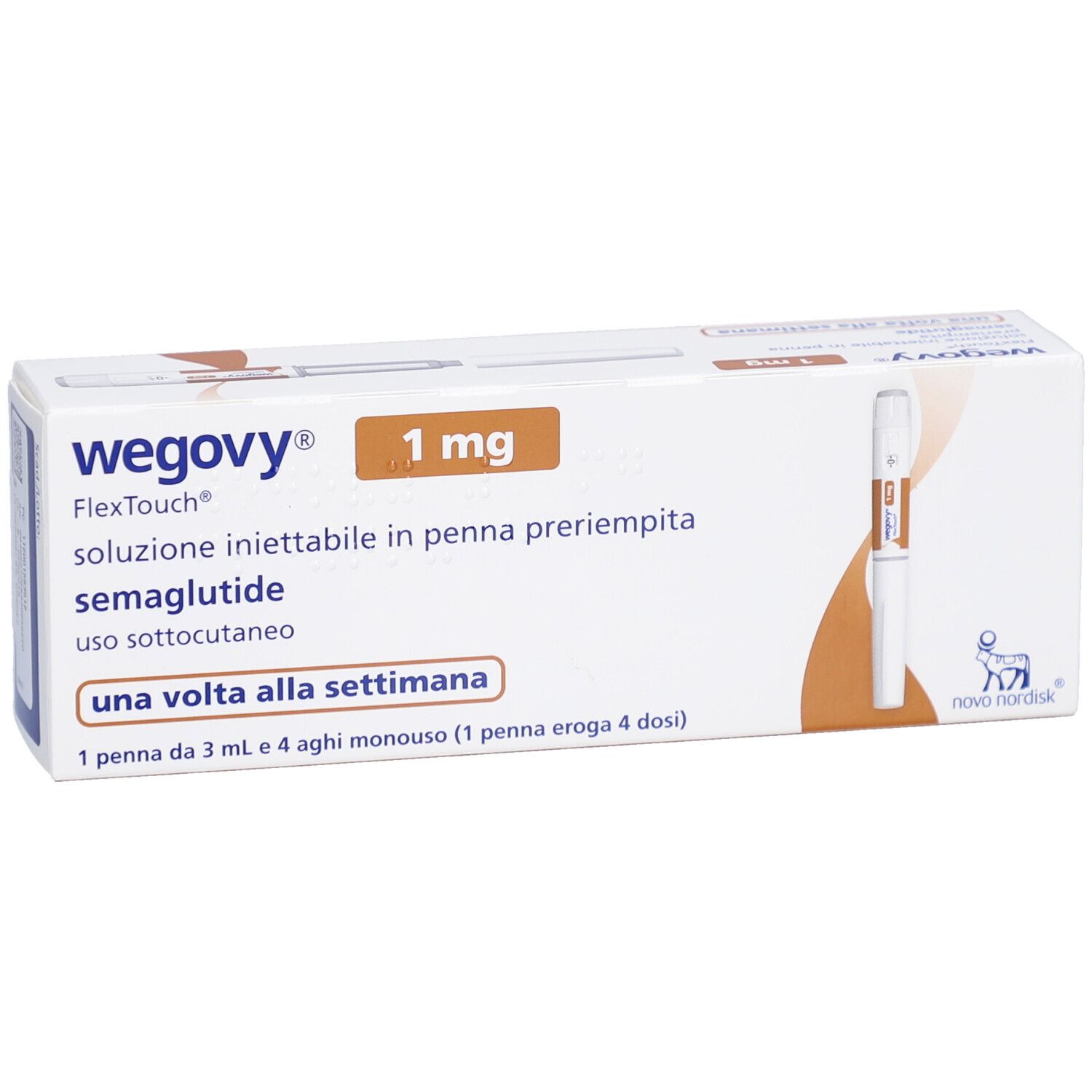 Verpackung von Wegovy 1 mg FlexTouch Injektionslsg.Fertigpen. Enthält eine Fertigpen und Nadeln. Text: una volta alla settimana.