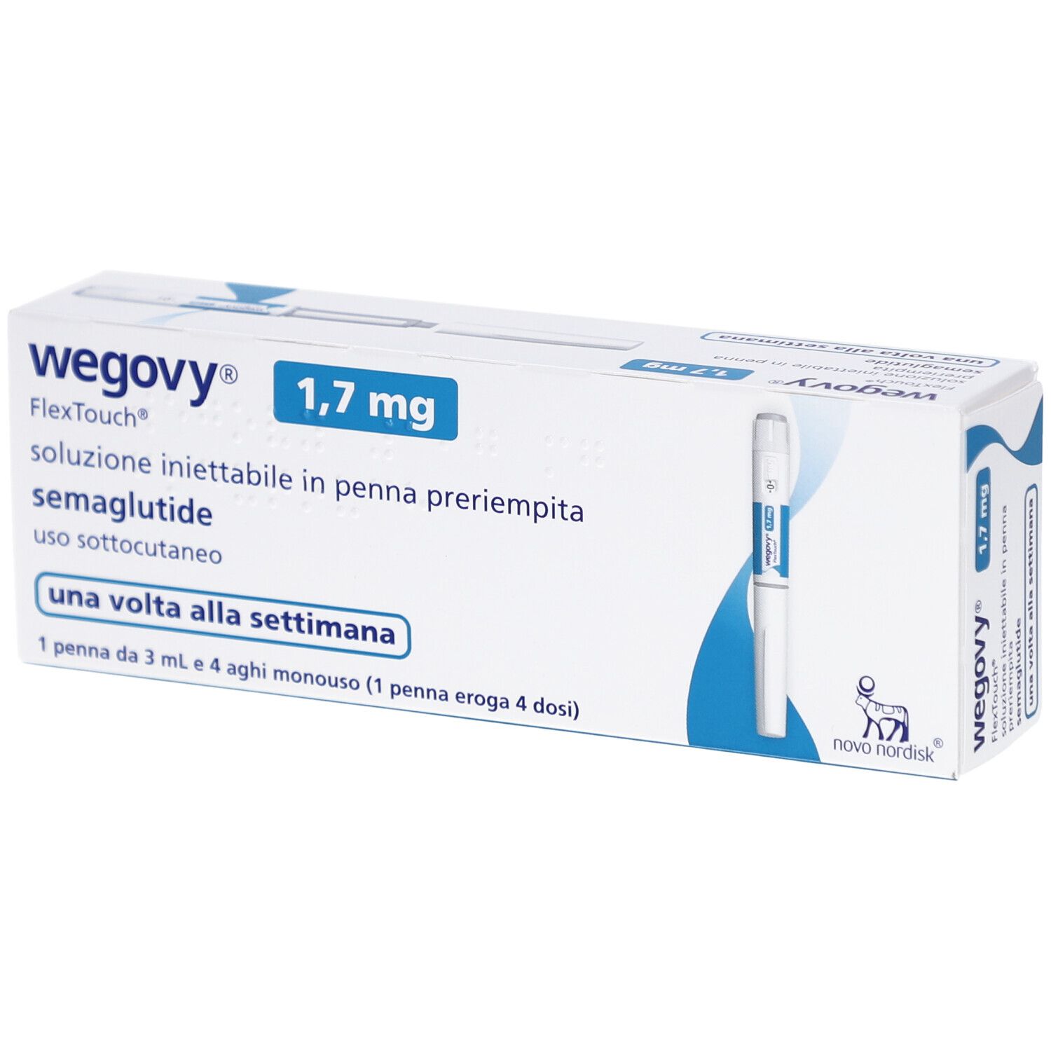 Verpackung von WEGOVY 1,7 mg FlexTouch Injektionslsg.Fertigpen. Enthält eine Fertigpen und Nadeln. Aufschrift: 1,7 mg, semaglutide.
