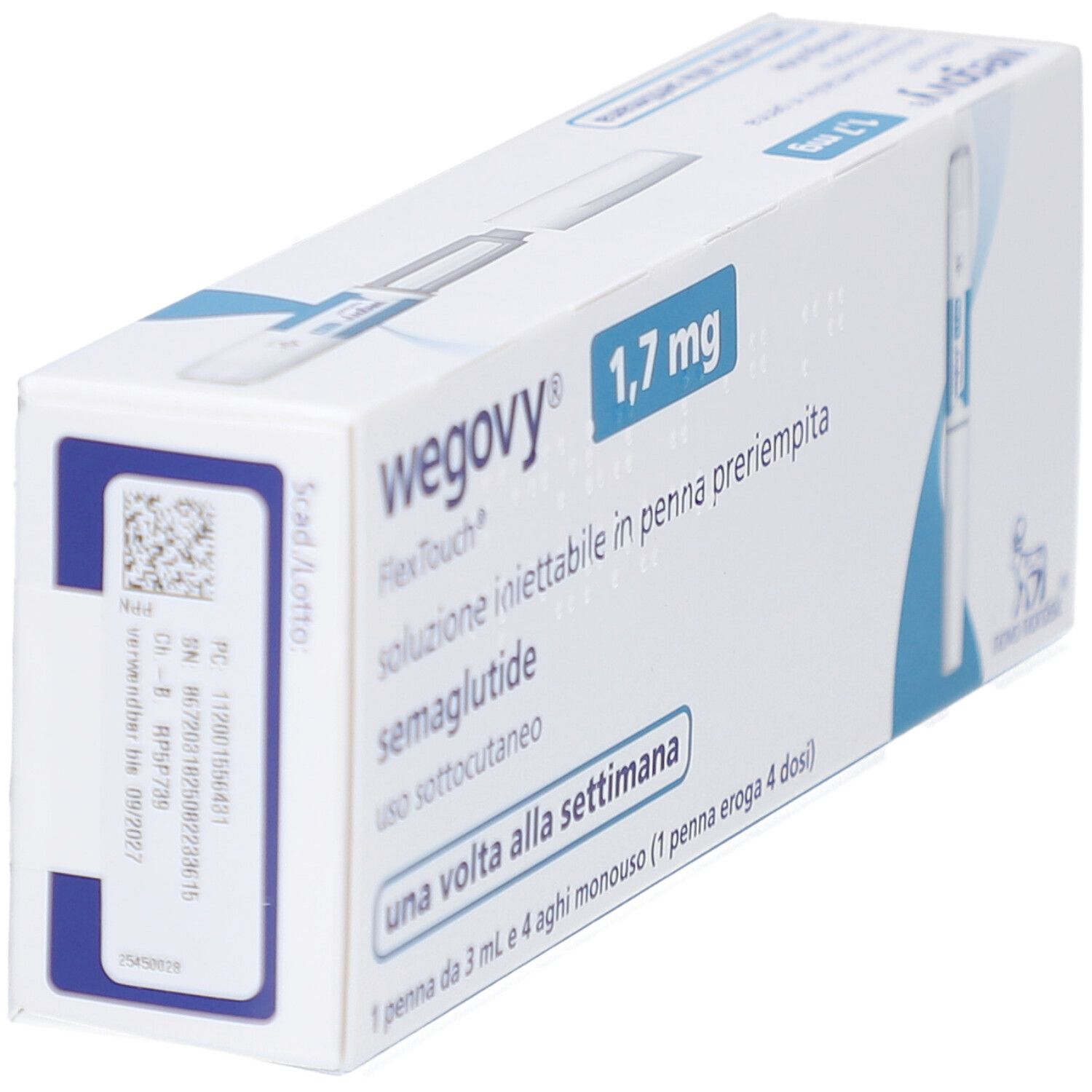 Verpackung von WEGOVY 1,7 mg FlexTouch. Aufschrift: 1,7 mg, semaglutide, una volta alla settimana. Enthält eine Fertigpen.