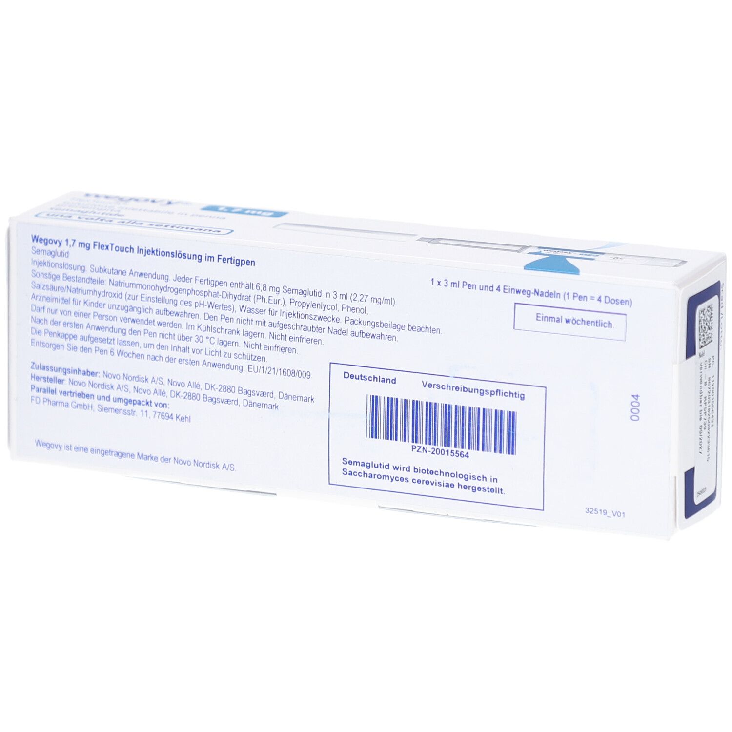 Rückseite der Verpackung von WEGOVY 1,7 mg FlexTouch. Enthält Informationen und Barcode. Aufschrift: Verschreibungspflichtig.