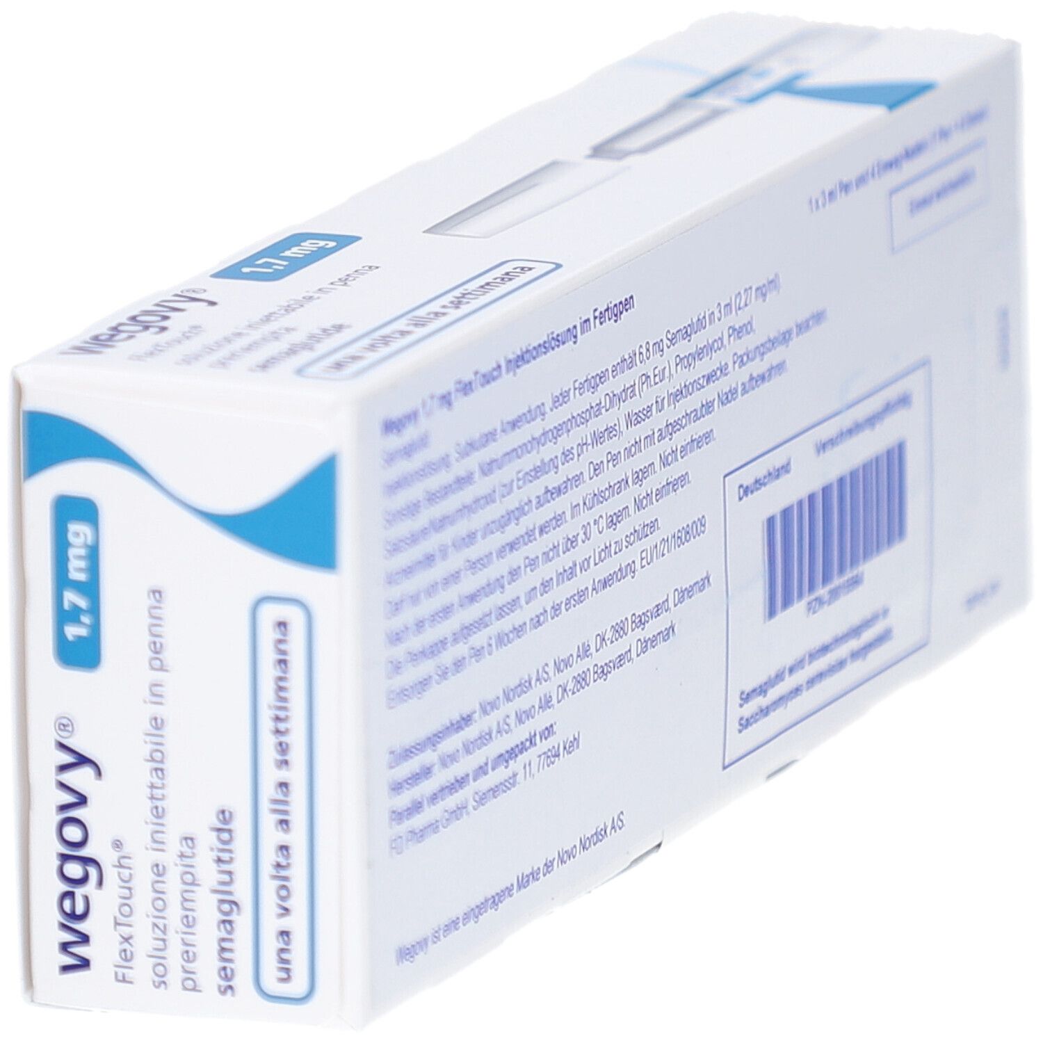 Verpackung von WEGOVY 1,7 mg FlexTouch. Aufschrift: 1,7 mg, semaglutide, una volta alla settimana. Enthält eine Fertigpen.