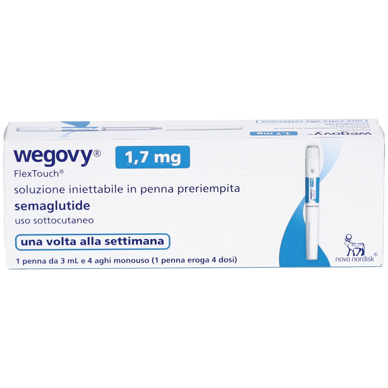 Verpackung von WEGOVY 1,7 mg FlexTouch. Enthält eine Fertigpen und Nadeln. Aufschrift: 1,7 mg, semaglutide, una volta alla settimana.