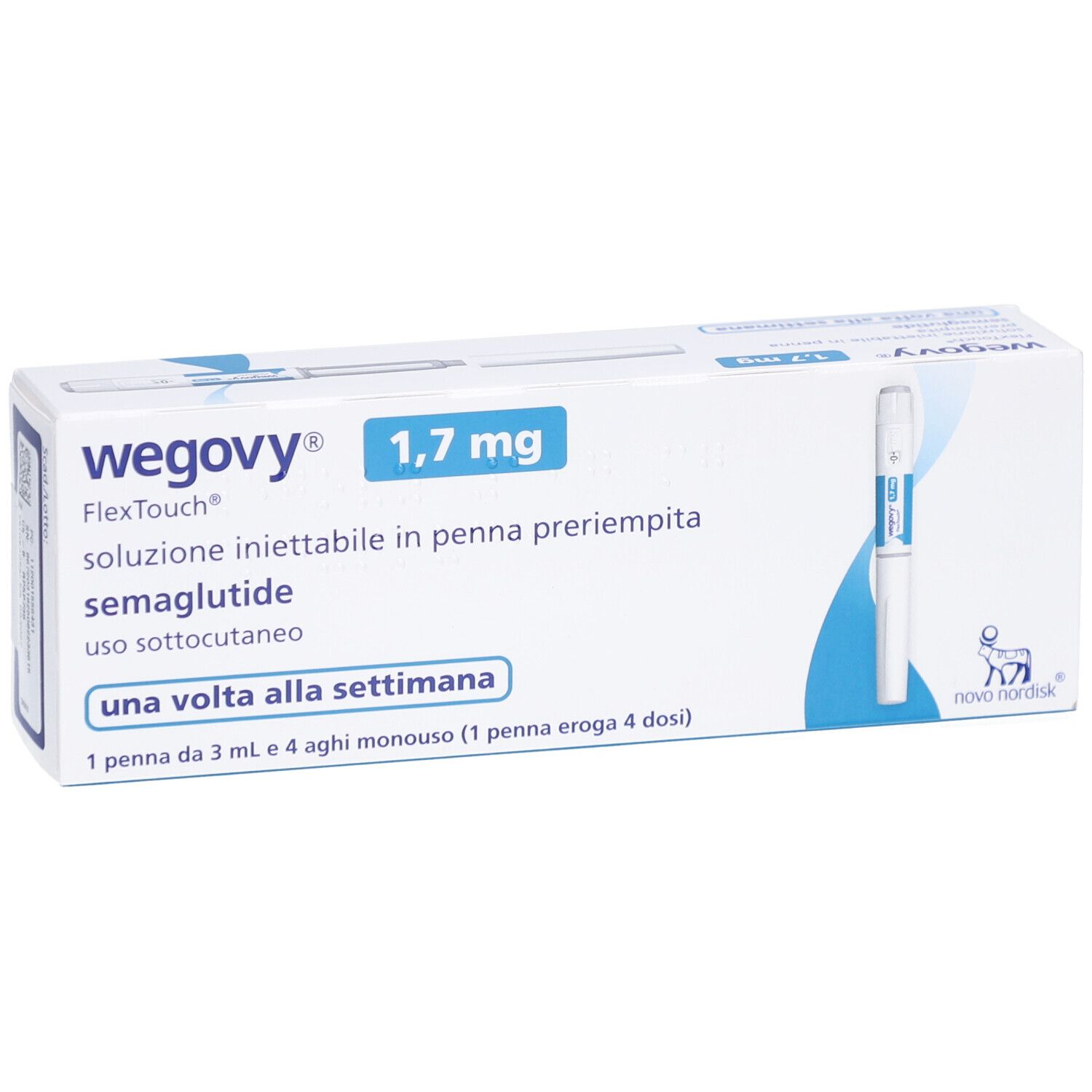 Verpackung von WEGOVY 1,7 mg FlexTouch. Enthält eine Fertigpen und Nadeln. Aufschrift: 1,7 mg, semaglutide, una volta alla settimana.