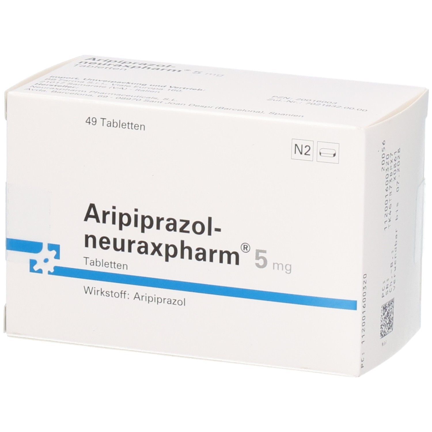 Packung mit 49 Tabletten Aripiprazol-neuraxpharm 5 mg. Wirkstoff: Aripiprazol.