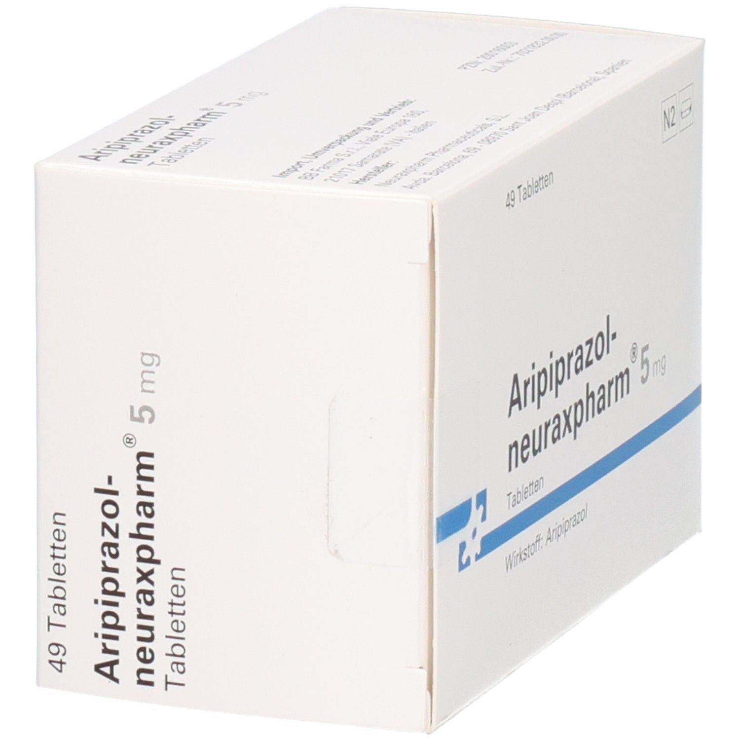 Packung mit 49 Tabletten Aripiprazol-neuraxpharm 5 mg. Wirkstoff: Aripiprazol.