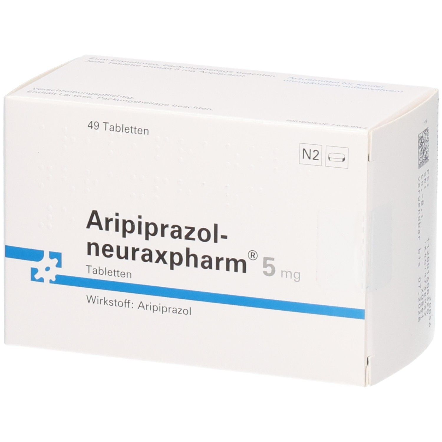 Packung mit 49 Tabletten Aripiprazol-neuraxpharm 5 mg. Wirkstoff: Aripiprazol.