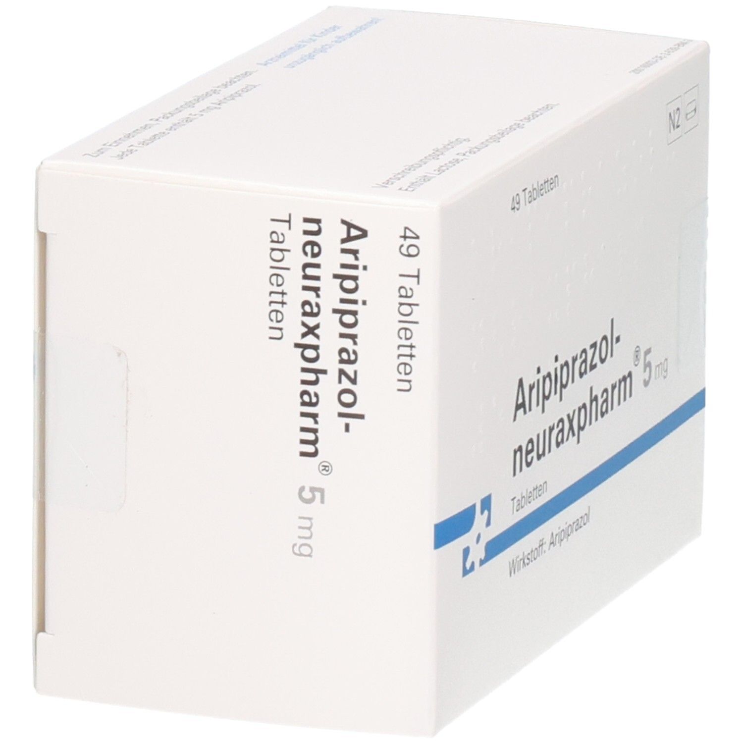 Packung mit 49 Tabletten Aripiprazol-neuraxpharm 5 mg. Wirkstoff: Aripiprazol.