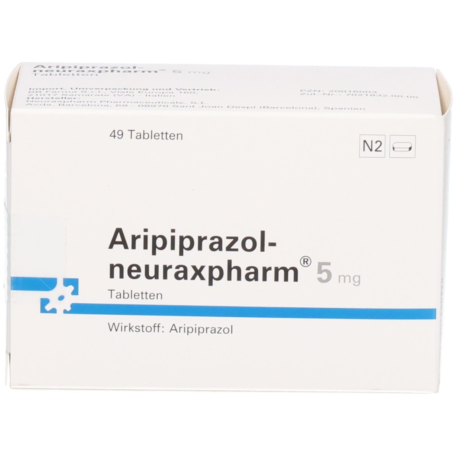 Packung mit 49 Tabletten Aripiprazol-neuraxpharm 5 mg. Wirkstoff: Aripiprazol.
