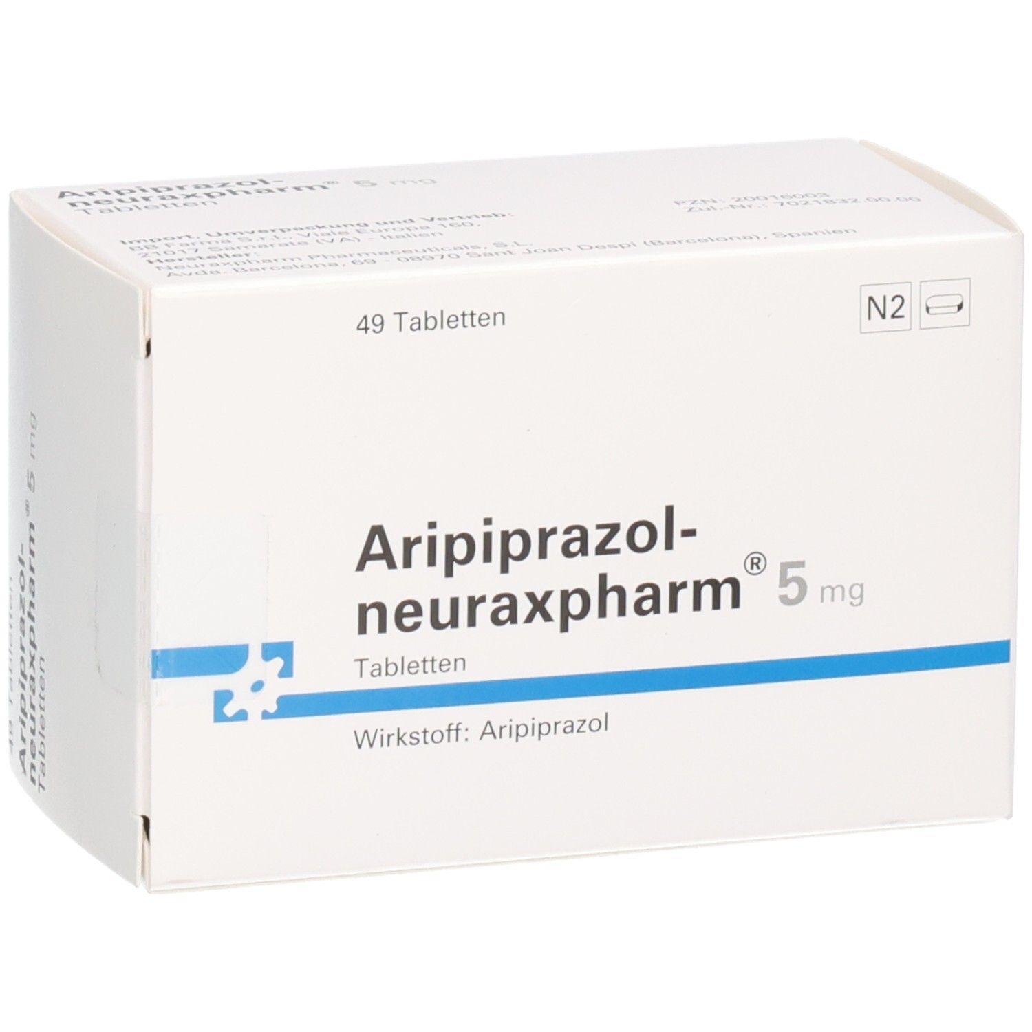 Packung mit 49 Tabletten Aripiprazol-neuraxpharm 5 mg. Wirkstoff: Aripiprazol.