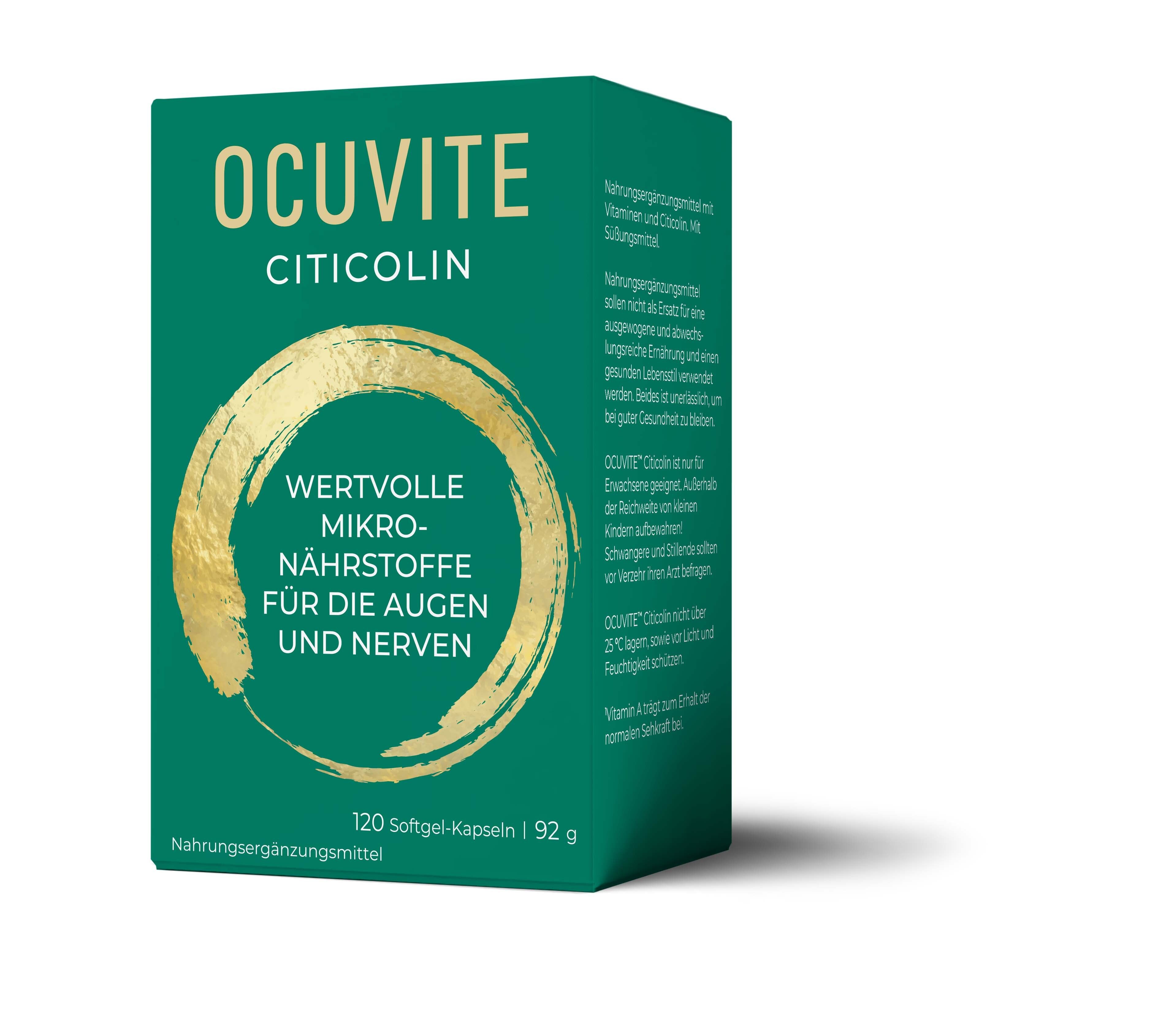 Grüne Schachtel mit OCUVITE CITICOLIN. Goldener Kreis mit Text: WERTVOLLE MIKRO-NÄHRSTOFFE FÜR DIE AUGEN UND NERVEN. 120 Softgel-Kapseln.