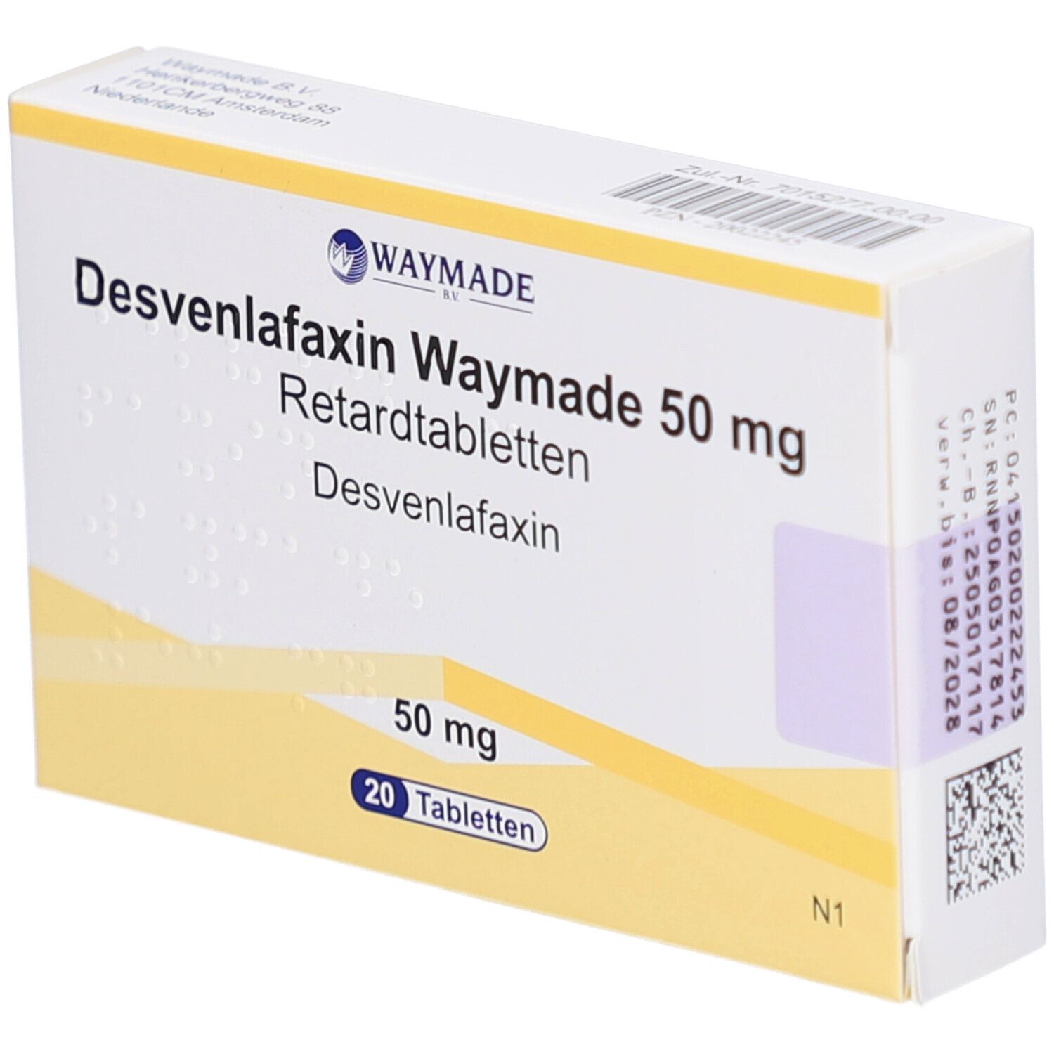 Schachtel mit Desvenlafaxin Waymade 50 mg Retardtabletten. Gelb-weiße Verpackung mit Produktnamen und Dosierung.