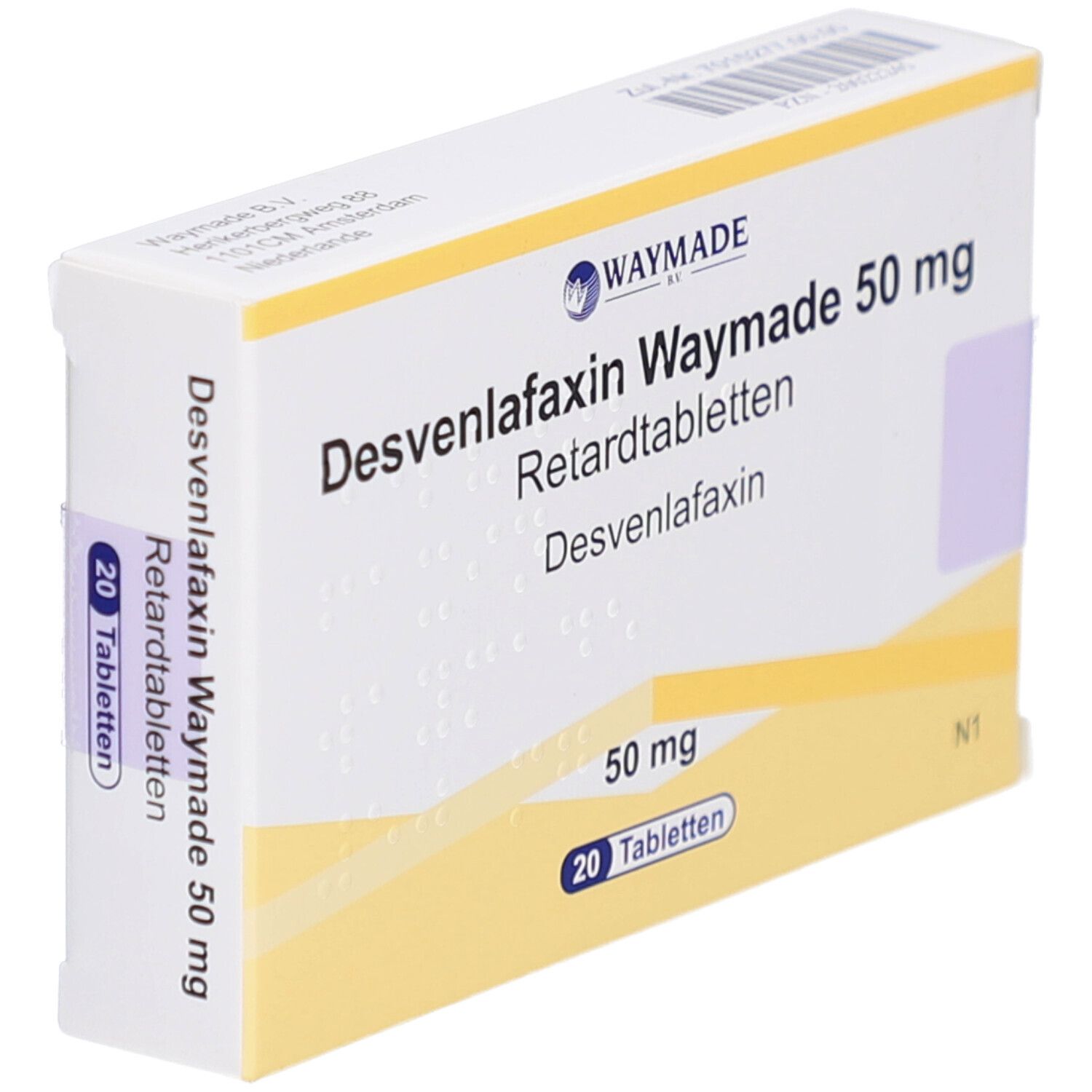 Schachtel mit Desvenlafaxin Waymade 50 mg Retardtabletten. Ansicht der Verpackung mit Produktnamen und Dosierung.