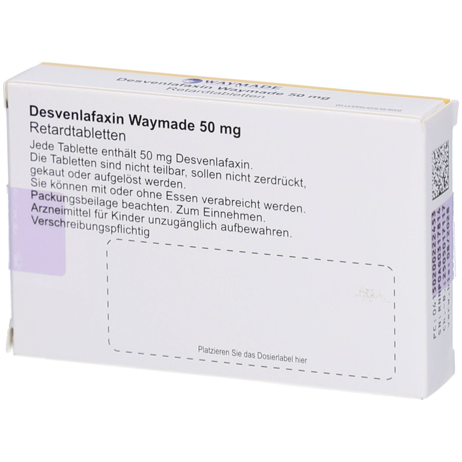 Rückseite der Schachtel mit Desvenlafaxin Waymade 50 mg Retardtabletten. Textliche Informationen.