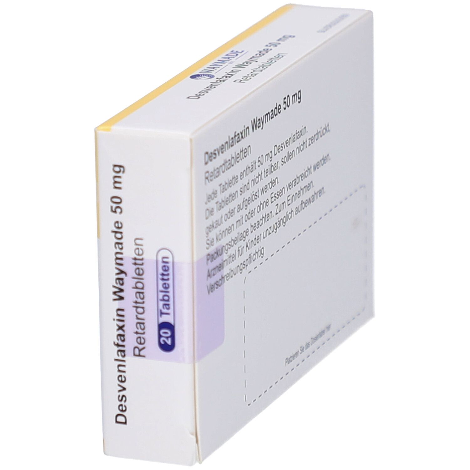 Seitenansicht der Schachtel mit Desvenlafaxin Waymade 50 mg Retardtabletten. Text und Produktname.
