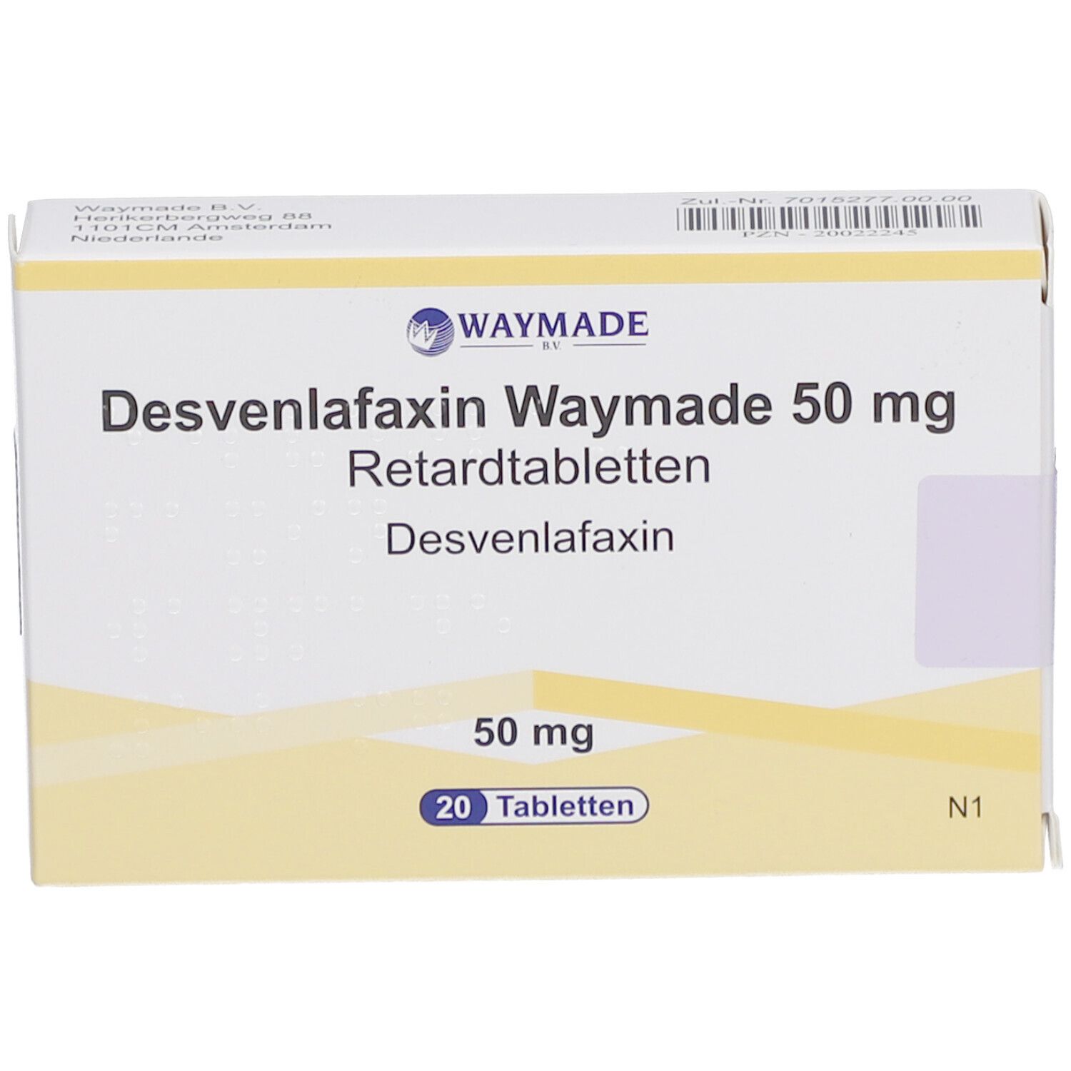 Schachtel mit Desvenlafaxin Waymade 50 mg Retardtabletten. Vorderansicht der Verpackung.