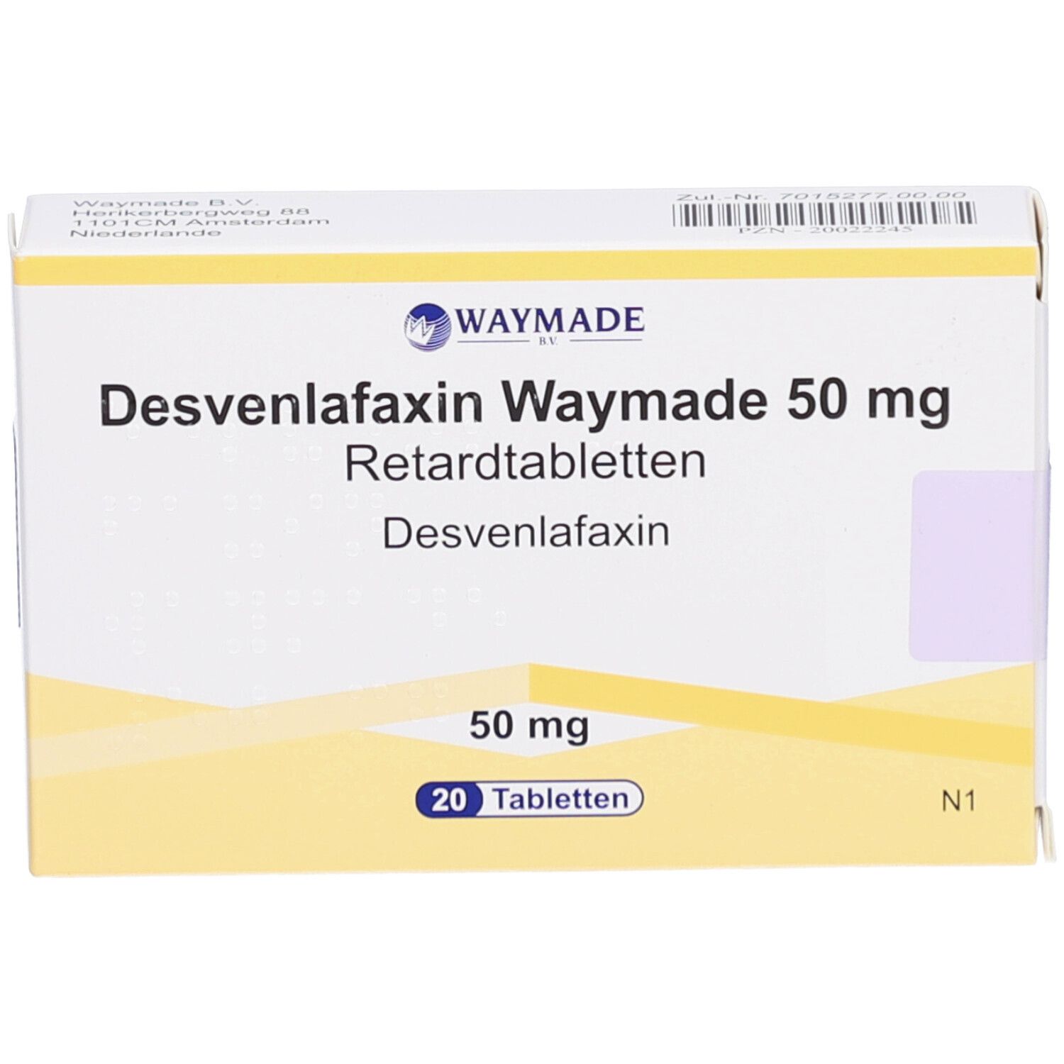 Schachtel mit Desvenlafaxin Waymade 50 mg Retardtabletten. Vorderansicht der Verpackung.
