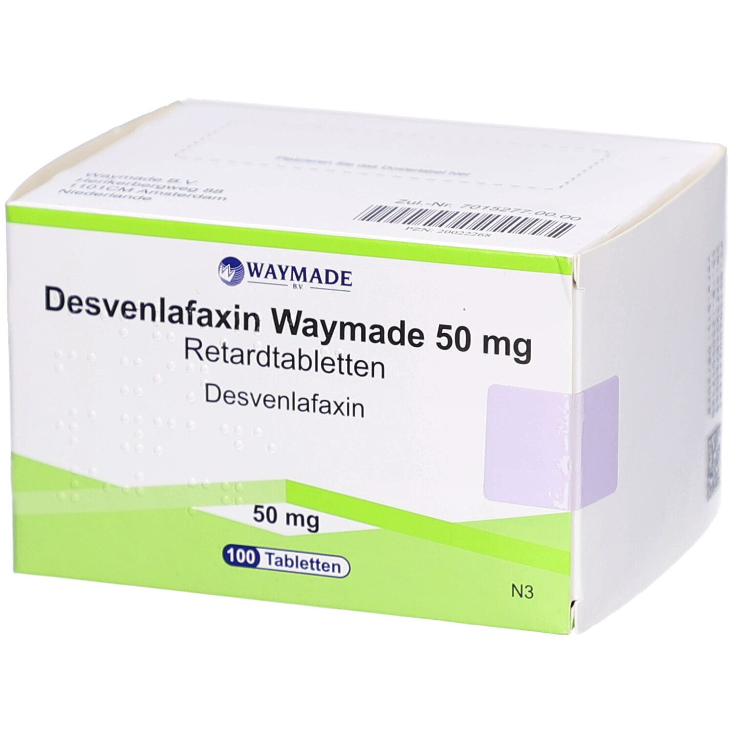 Schachtel mit Desvenlafaxin Waymade 50 mg Retardtabletten. 100 Tabletten. Grüne und weiße Verpackung.