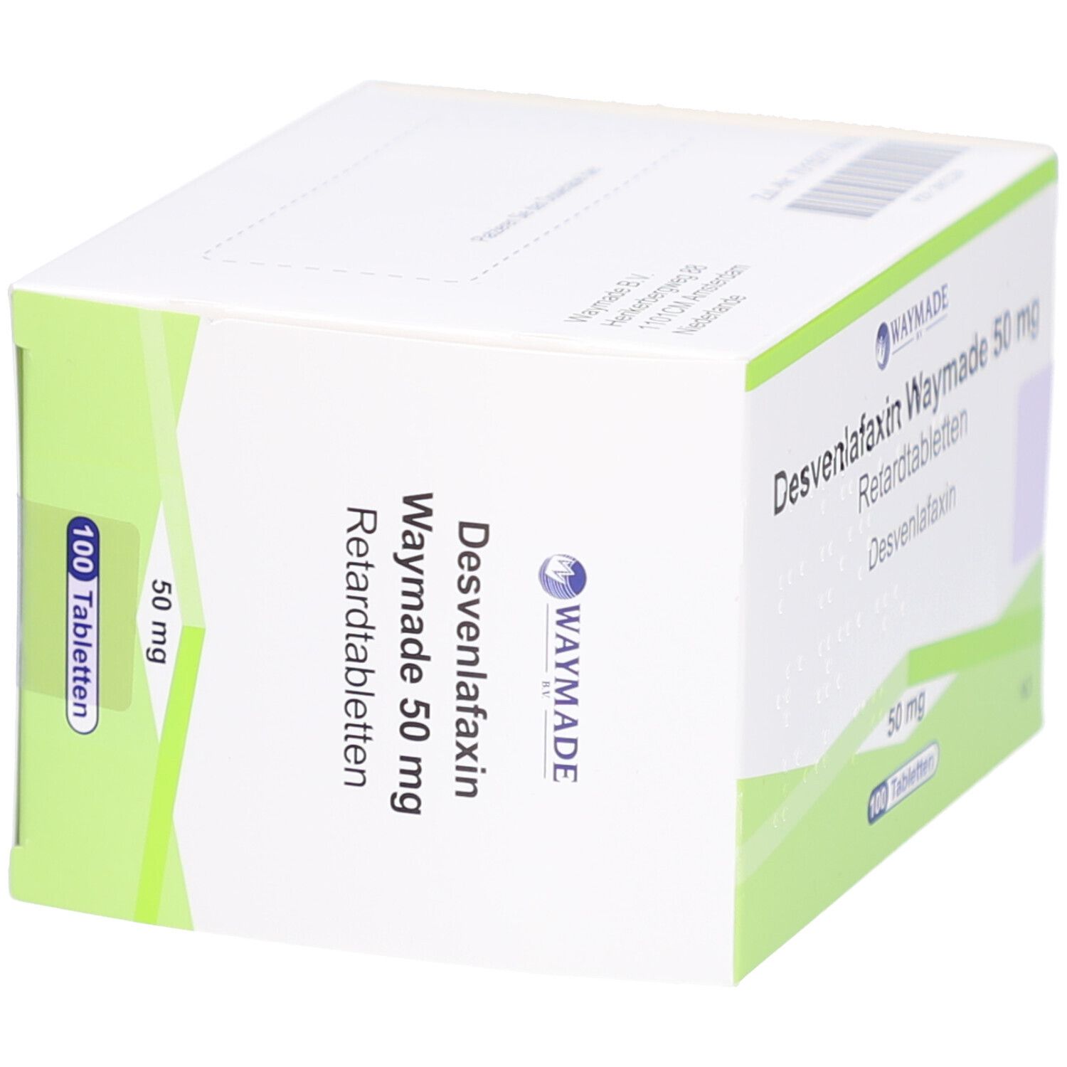 Schachtel mit Desvenlafaxin Waymade 50 mg Retardtabletten. Seitenansicht. Grüne und weiße Verpackung.