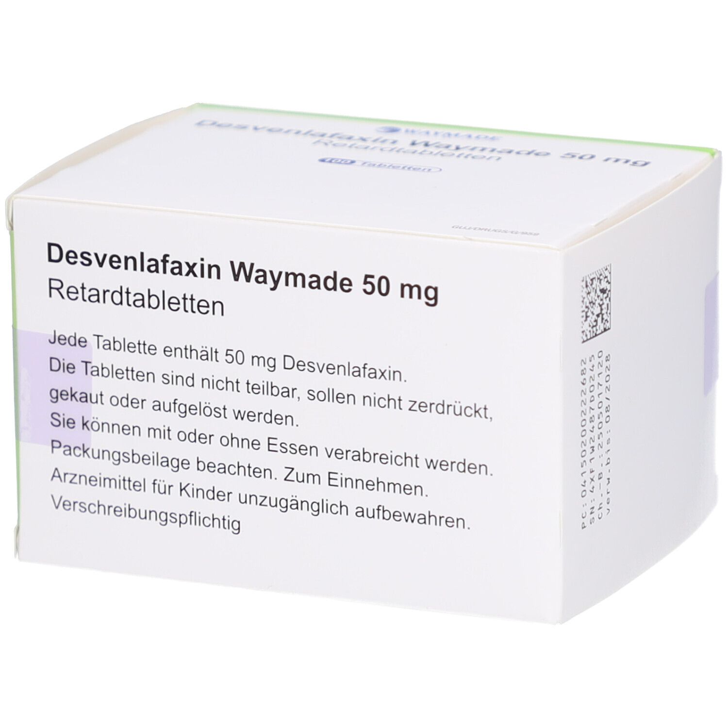 Rückseite der Schachtel mit Desvenlafaxin Waymade 50 mg Retardtabletten. Textinformationen.