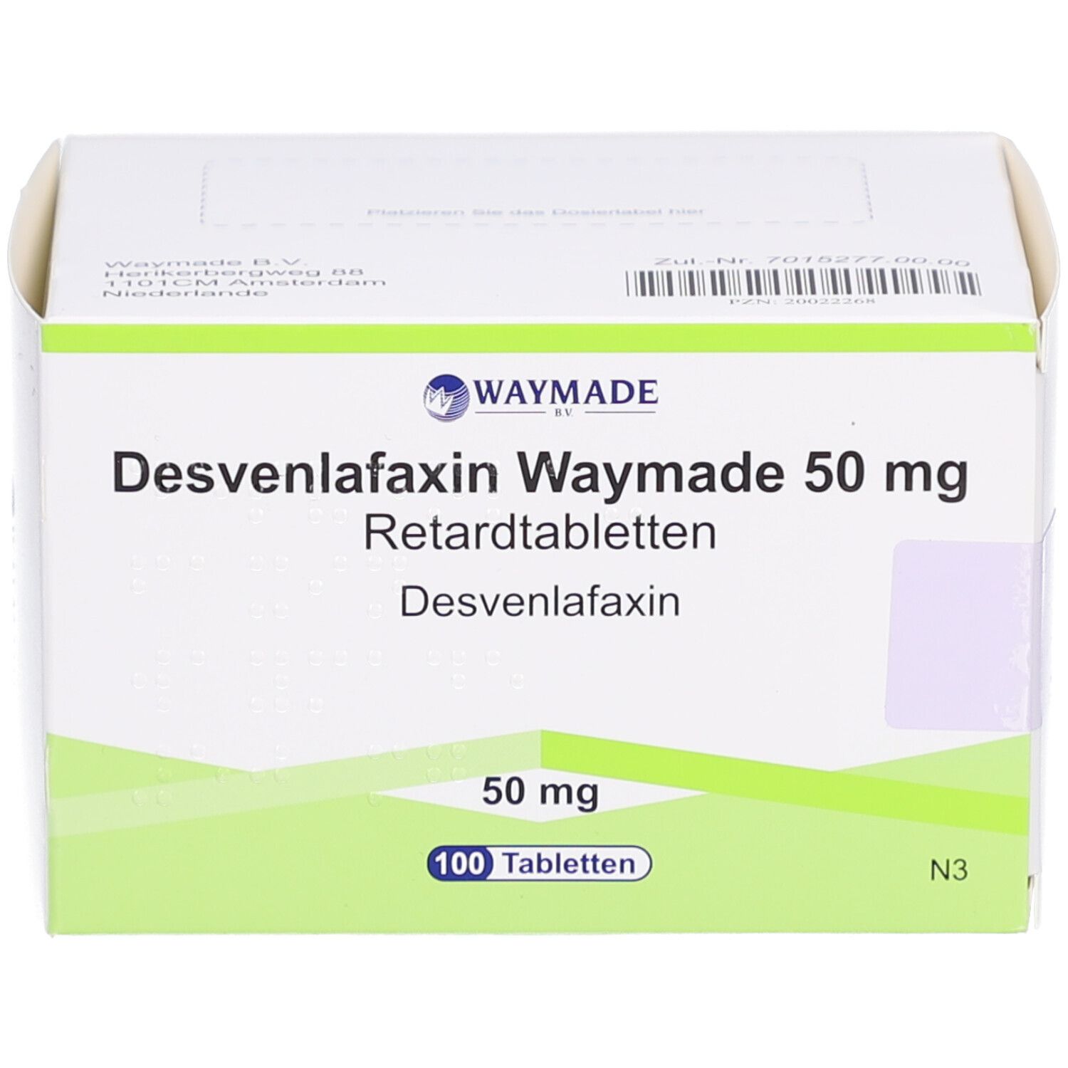 Schachtel mit Desvenlafaxin Waymade 50 mg Retardtabletten. Vorderansicht. Grüne und weiße Verpackung.