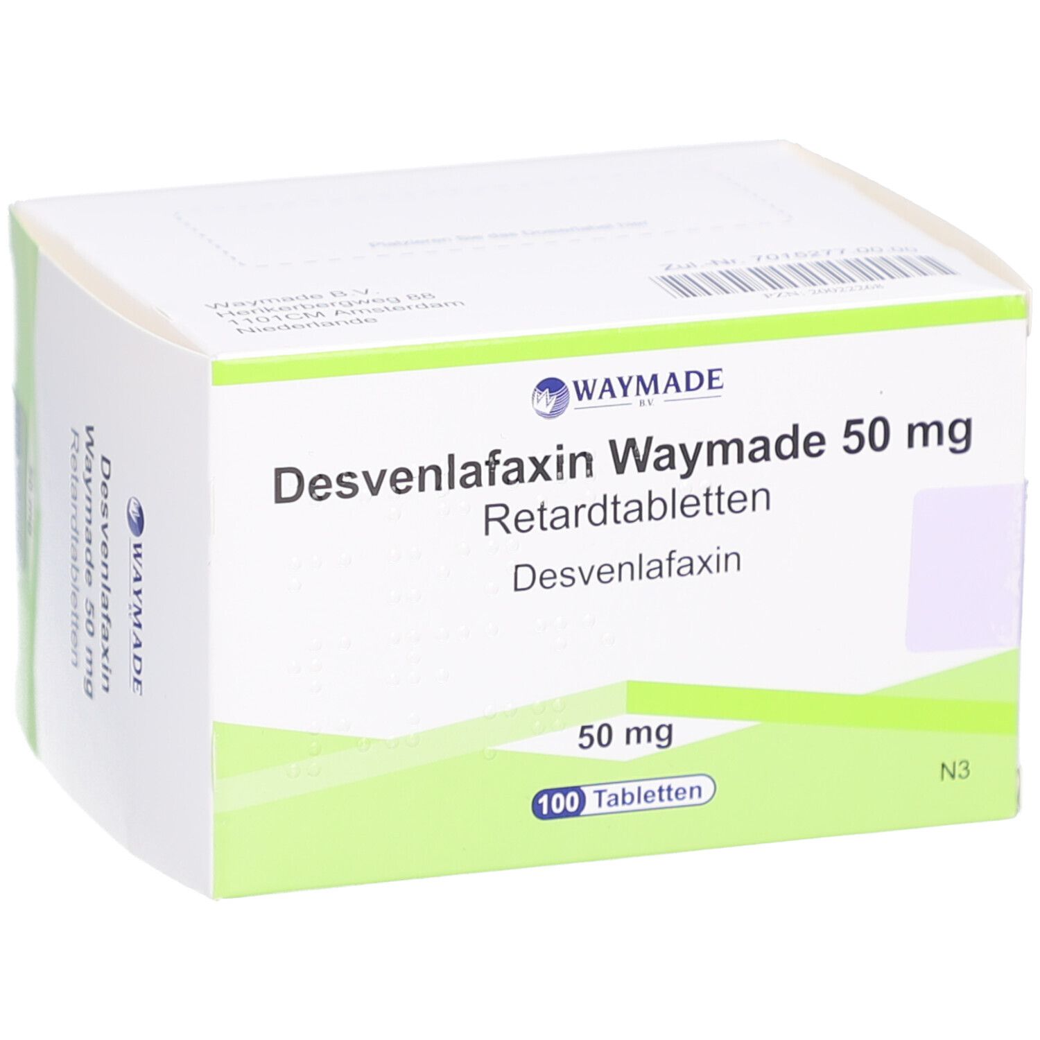 Schachtel mit Desvenlafaxin Waymade 50 mg Retardtabletten. Vorderansicht. Grüne und weiße Verpackung.