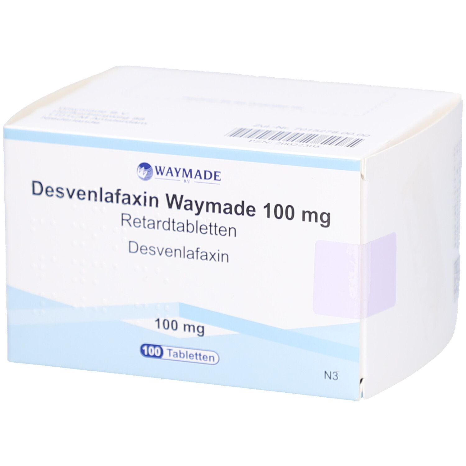 Schachtel mit Desvenlafaxin Waymade 100 mg Retardtabletten. Weiße Verpackung mit blauen Akzenten und Produktinformationen.