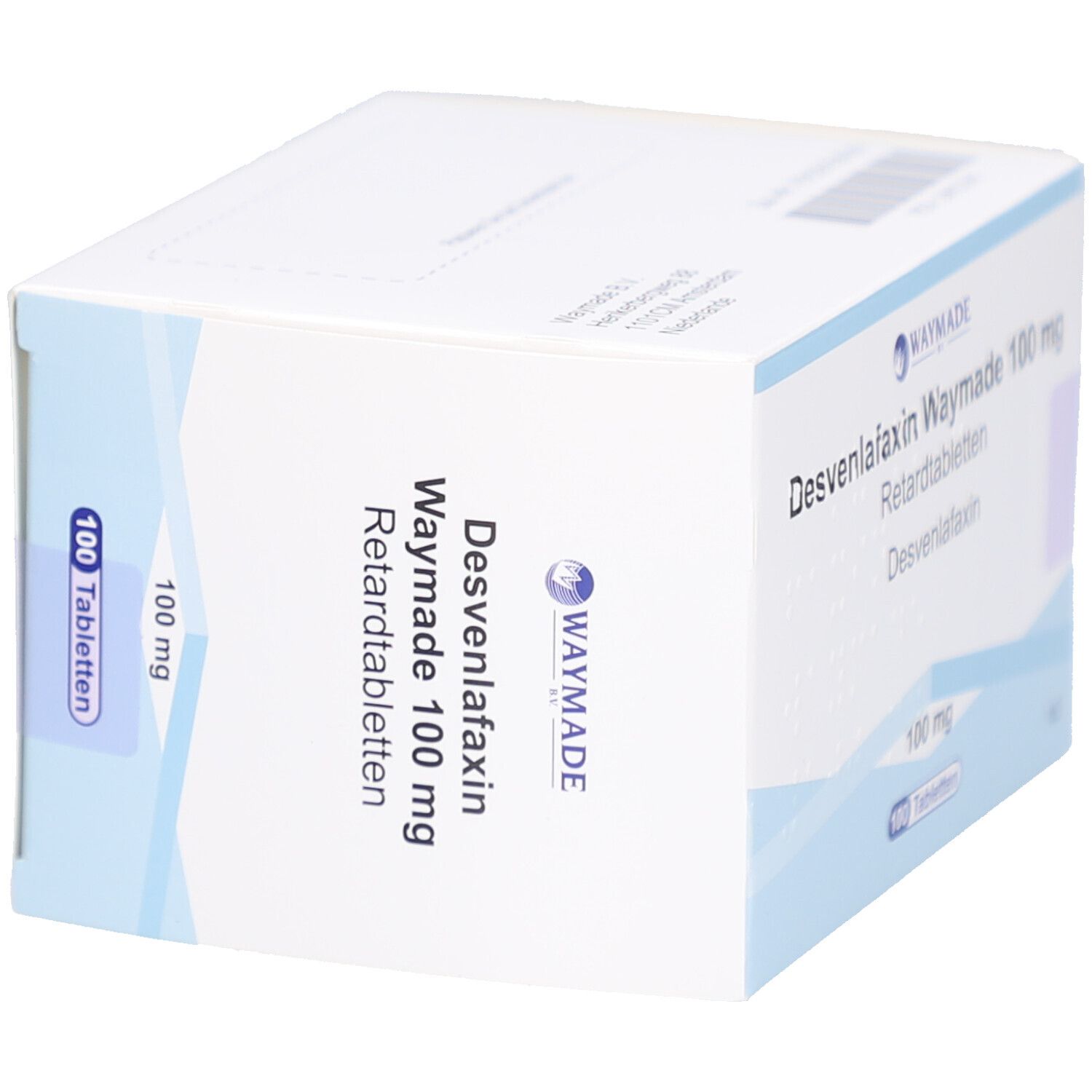 Schachtel mit Desvenlafaxin Waymade 100 mg Retardtabletten. Weiße Verpackung mit Produktnamen und Logo.