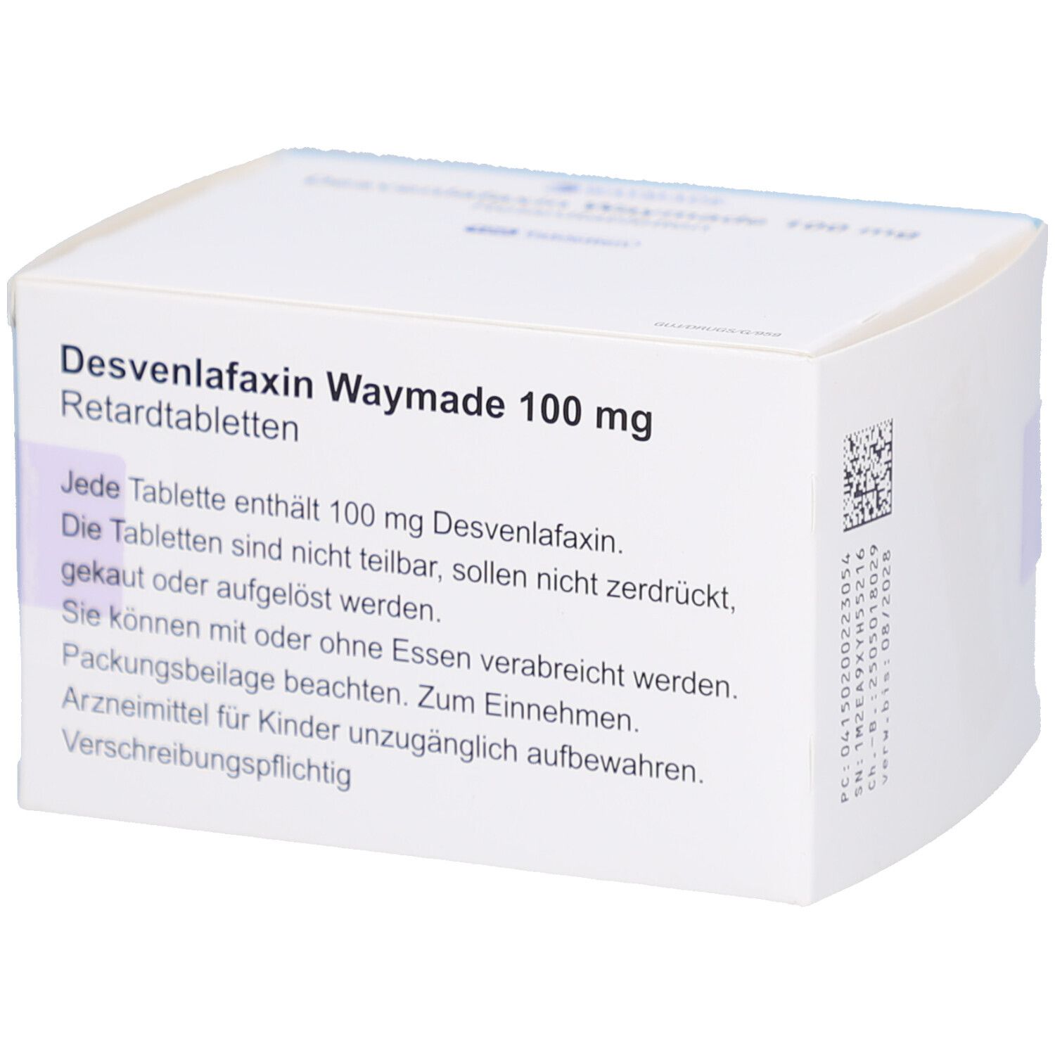 Schachtel mit Desvenlafaxin Waymade 100 mg Retardtabletten. Rückseite mit Textinformationen und Barcode.